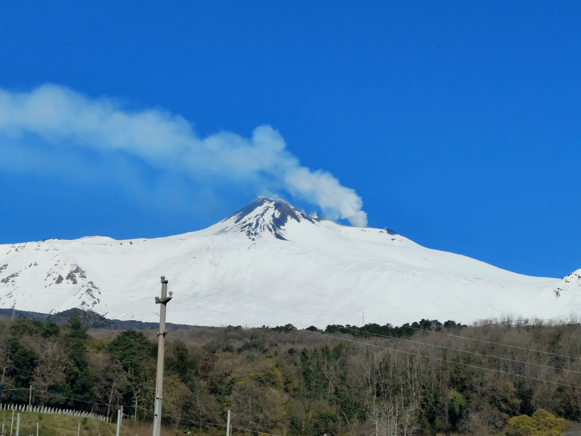 The image shows Mount Etna, covered in snow, with visible smoke emanating from the summit. The sky is clear and blue. In the foreground, there is a wooded area with a mix of evergreen and deciduous trees, and a utility pole is visible on the left side of the frame. A fence runs along the lower left of the image. It is likely a view from the area around Giarre, Italy, given the volcano's location relative to the city.