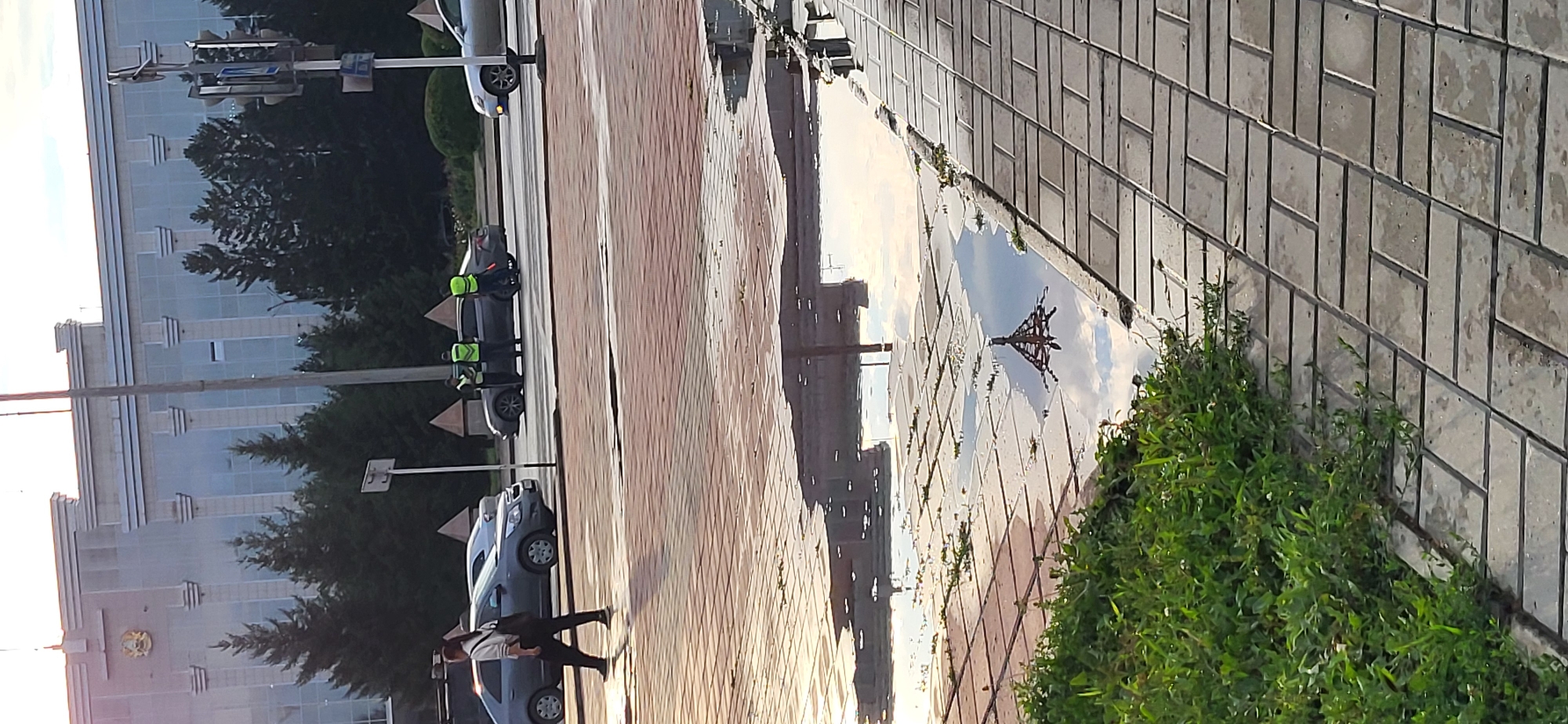 The image shows a street scene in Oskemen, Kazakhstan. In the foreground, a puddle reflects the sky and a nearby structure, possibly a traffic light or a street lamp. Green grass grows along the edge of the paved sidewalk. Further down the street, several cars are visible, some parked and others in motion. A woman is walking across a crosswalk. Two individuals wearing high-visibility vests are standing by a car, and another person in a similar vest is seated in the car. In the background, a large, modern building with a glass facade stands behind a row of dark green trees. The sky is partly cloudy.