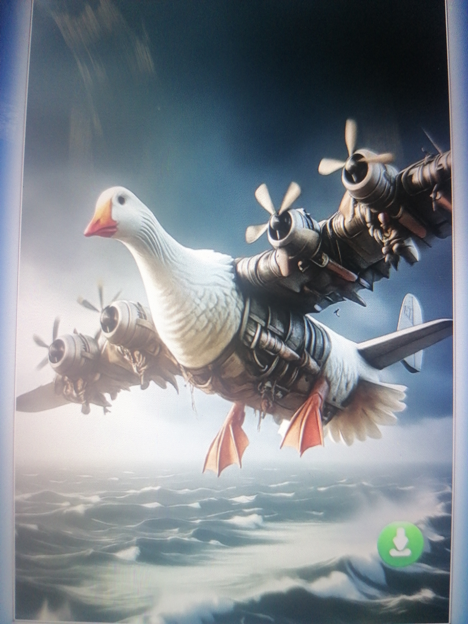 The image displays a surreal, digitally created scene of a goose with airplane engines and propellers attached to its body, flying over a choppy, overcast ocean. The goose is predominantly white with orange feet and beak, and its wings appear to be part of the flying mechanism. The engines are metallic and detailed, suggesting a steampunk aesthetic. The sky is dark and cloudy, transitioning to a lighter, hazy grey towards the horizon. In the lower right corner of the image, there is a green circular icon with a downward-pointing arrow, indicative of a download button. There is no discernible connection to the city of Shchyolkovo, Russia, within the visual content of the image.
