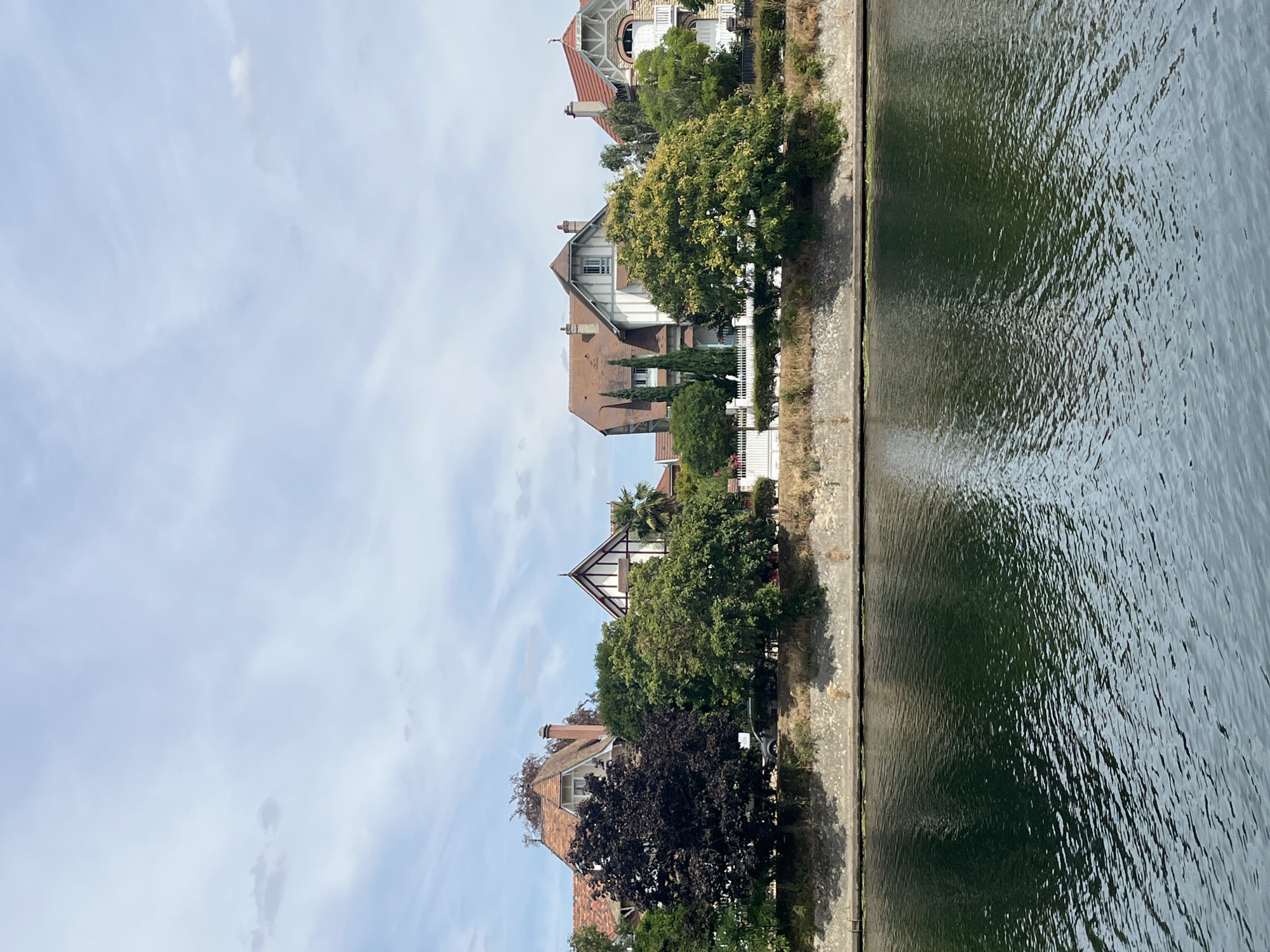 The image depicts a waterfront scene in Joinville-le-Pont, France, with several residential houses visible along the bank. The houses are of varied architectural styles, with prominent gabled roofs and chimneys. They are surrounded by lush green trees, some with dark foliage and others with lighter green leaves. A car is partially visible parked behind a dark-leaved tree. The foreground is dominated by the dark, rippling surface of a body of water, reflecting the sky and the trees. The sky is partly cloudy with a pale blue hue. A stone embankment with dry vegetation separates the water from the properties. The overall impression is one of a peaceful, residential area situated by the water.