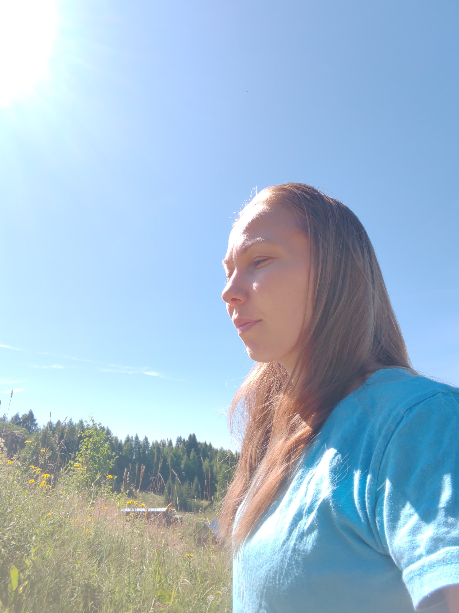 This is a profile shot of a woman with long, reddish-brown hair, wearing a light blue t-shirt. She is outdoors in a natural setting. The background consists of a bright blue sky with the sun shining from the upper left corner, casting a strong glare and lens flare. Below the sky is a field of tall green grass and wildflowers, with a dense line of coniferous trees in the distance. The overall impression is a sunny day in a rural or natural environment, possibly a park or countryside. The specific location in Чухлэм, Russia cannot be determined from the image alone.