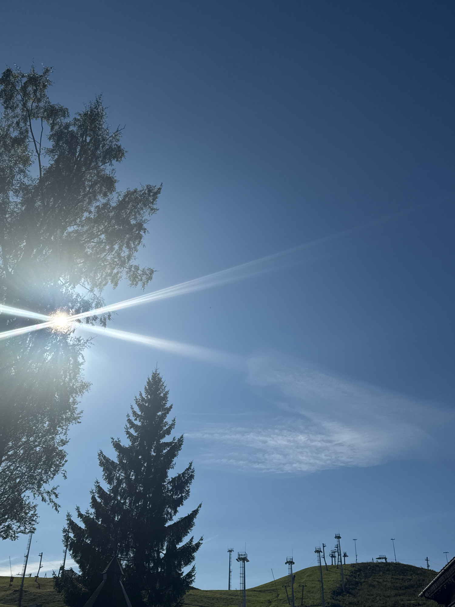 The image captures a bright, sunny day in Okhtinskiy Park, Russia, with a clear blue sky dominating the upper portion. In the foreground, a large, dark silhouette of a coniferous tree stands prominently, its branches spread wide. To the left, the upper branches of another tree, possibly a birch, are visible, with the sun's rays bursting through its foliage, creating lens flare and streaks of light. In the background, a grassy hill is dotted with several ski lifts and towers, suggesting a recreational area. A faint, wispy cloud formation stretches across the sky, and another thinner contrail-like cloud is visible higher up. The overall scene depicts a natural outdoor setting with man-made structures related to outdoor activities.