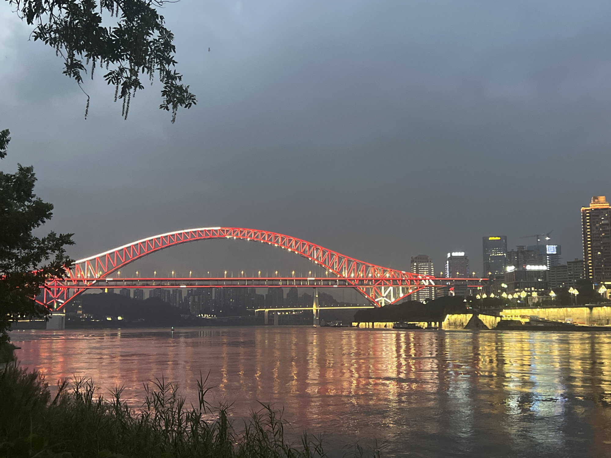 The image depicts the Hongyadong Bridge in Jiangbei District, Chongqing, China, illuminated with red and white lights at dusk. The bridge spans a wide river, reflecting the vibrant lights onto the water's surface. In the background, a cityscape with modern skyscrapers and other illuminated bridges can be seen. The foreground features lush green vegetation along the riverbank, with some foliage from a tree hanging into the frame from the upper left. The sky is overcast and a dark gray, suggesting evening or impending rain. No people are visible in the image.