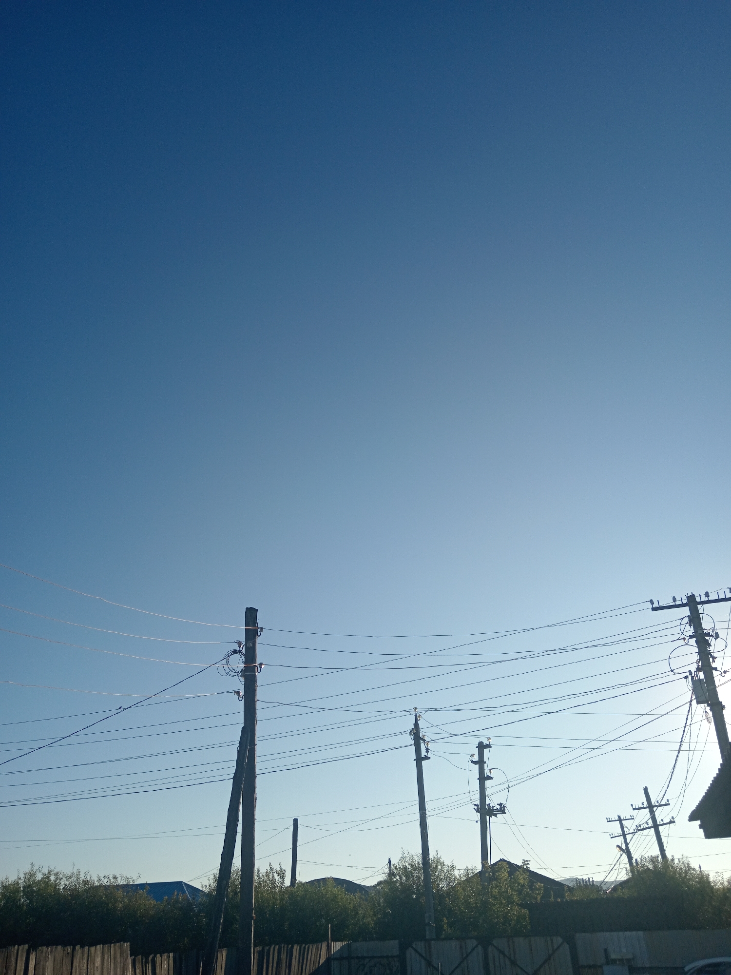 The image shows a clear blue sky above a semi-rural landscape. In the foreground, a wooden fence runs horizontally across the bottom of the frame. Behind the fence, there is a line of dense green foliage, obscuring the lower parts of several utility poles. The utility poles are made of wood and are spaced out across the mid-ground, supporting a complex network of overhead wires. Some poles have multiple crossbars and insulators, with visible transformers and coiled wires. In the background, hints of rooftops and structures can be seen through the trees. The scene suggests a residential area with utility infrastructure. The overall lighting indicates it is daytime, likely early morning or late afternoon due to the clear sky and potential long shadows, though no specific shadows are clearly visible. This image is situated in the city of Novopokrovka, Russia.