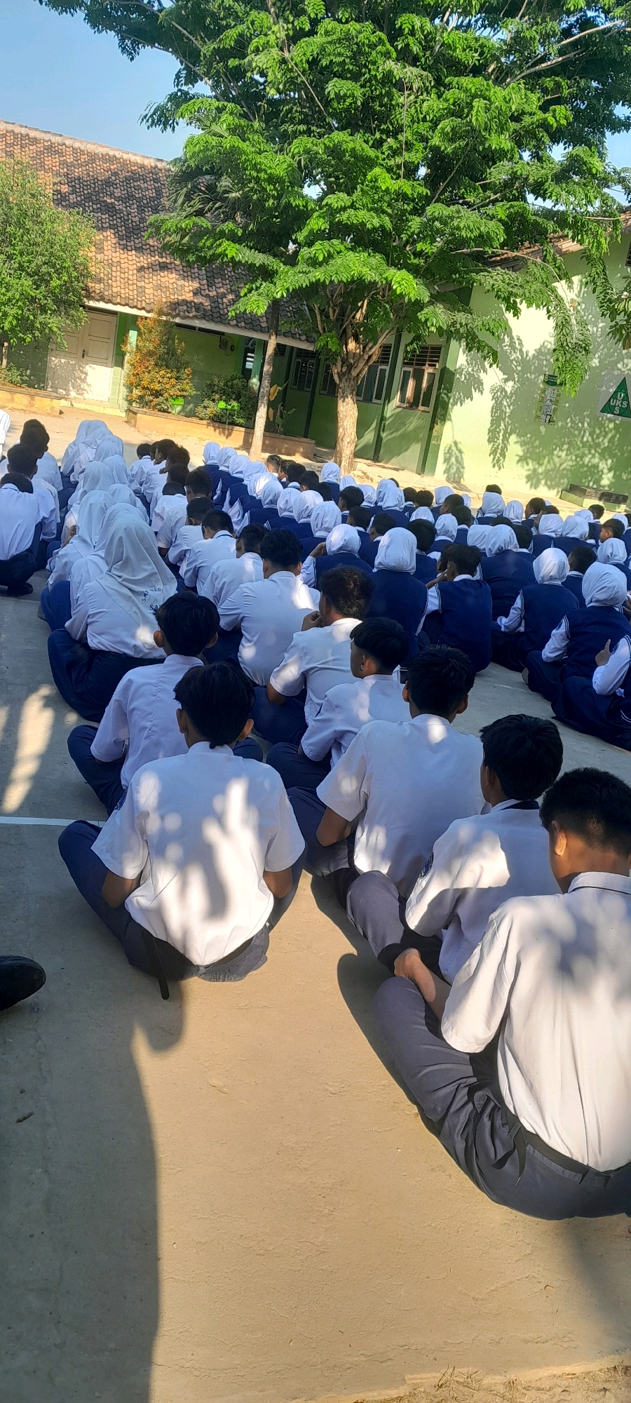 In Tahunan, Indonesia, a group of students, dressed in white shirts and dark blue pants or skirts, sit cross-legged on a sandy, outdoor surface. Some students wear white headscarves. They are arranged in rows, facing away from the camera, towards a building with a light green facade and a tile roof, partially obscured by a large tree with lush green foliage. Sunlight casts shadows on the ground and the students' clothing, indicating it is daytime. The scene appears to be an outdoor assembly or class activity at a school.