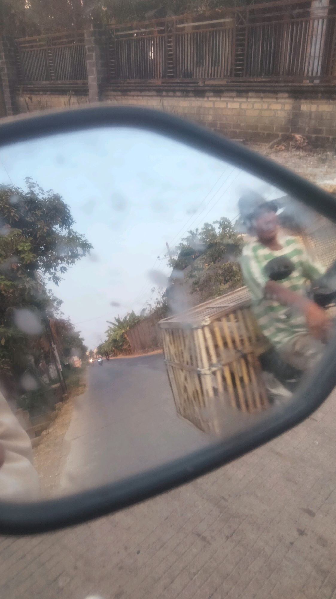 A reflection in a motorcycle's side mirror shows a man in a green and white striped shirt riding a motorcycle. The motorcycle has a bamboo cage attached to the back. In the background of the reflection, there is a road with some trees and buildings. The mirror itself has several water spots. The photo was taken in Palang, Indonesia.