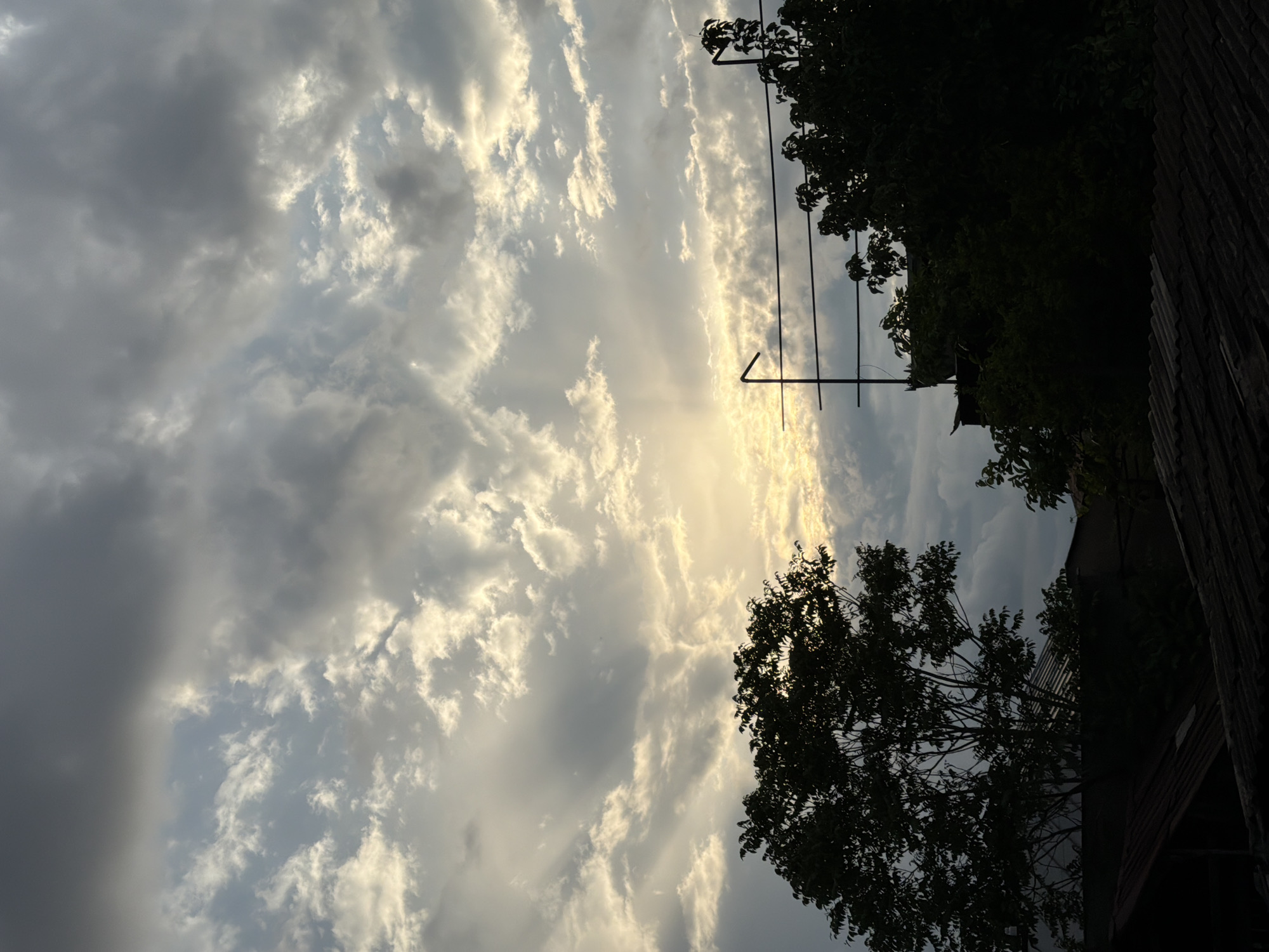 The image shows a view of the sky at dusk or dawn. Light is shining through the clouds, creating a ray effect. Silhouetted trees and an antenna structure are visible on the right side of the frame. The location appears to be a residential area in Tbilisi, Georgia, based on the architectural style and vegetation.