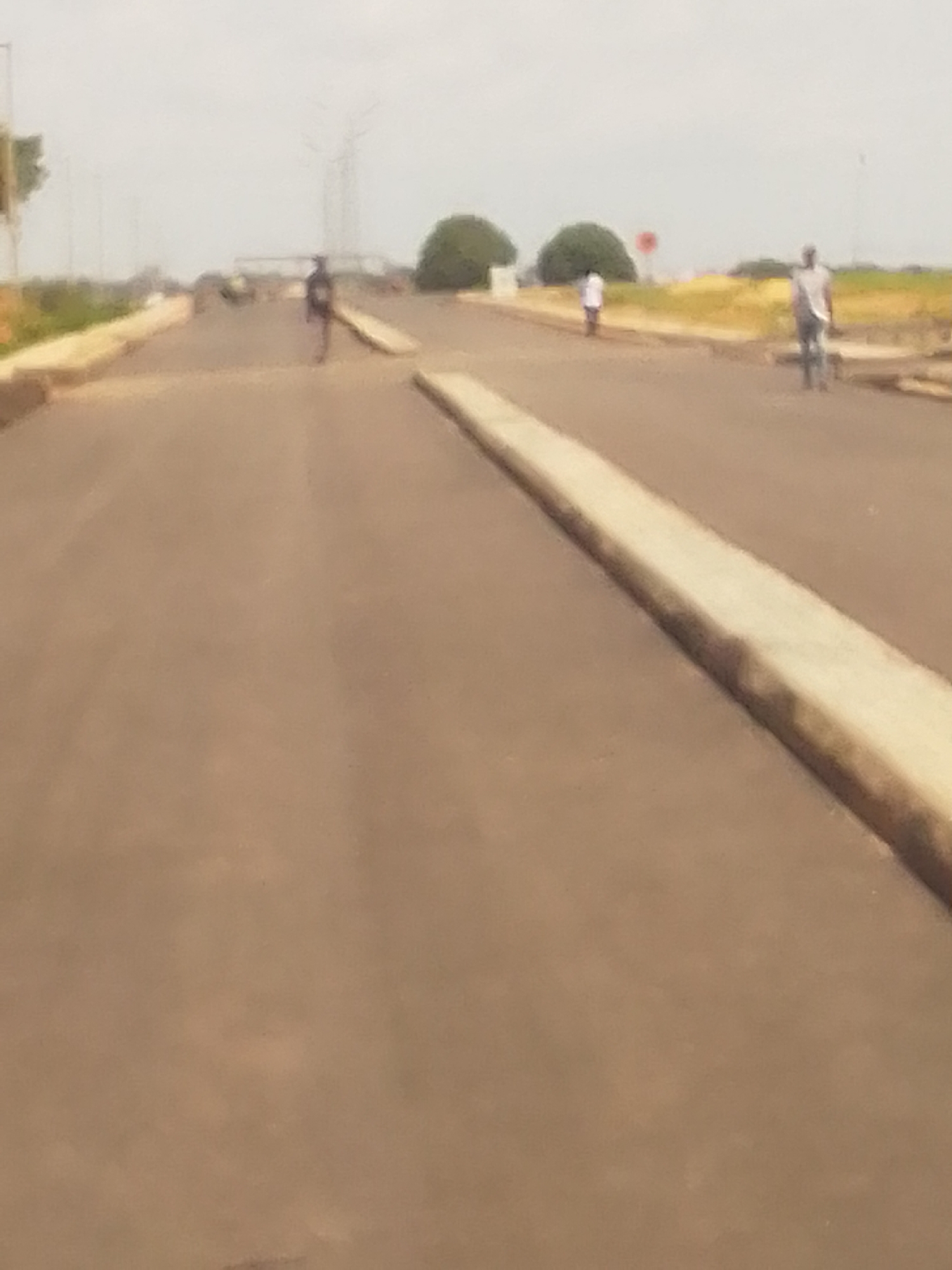 This media file depicts an outdoor scene on what appears to be a partly cloudy day. The central focus is a paved road, possibly under construction or recently finished, with a raised, light-colored barrier running along its right side. In the distance, there are two distinct green trees, and beyond them, a flat, yellow field. A tall transmission tower is visible in the background, suggesting an area with some infrastructure.
Three figures are present on the road. On the left, a person is walking away from the camera. Further down the road, closer to the right side, another person is riding a bicycle. To the left of the cyclist, a third, smaller figure is also on the road, possibly walking or standing. The figures are silhouetted and not clearly defined, and their activities suggest everyday movement rather than a specific event.
The overall impression is one of a rural or semi-urban setting in a warm climate, with the road being a key element. The lighting suggests it could be late morning or early afternoon. No visible text is present in the image. The location context of Kachia, Nigeria, aligns with the visual cues of open landscapes and the presence of infrastructure like transmission towers.