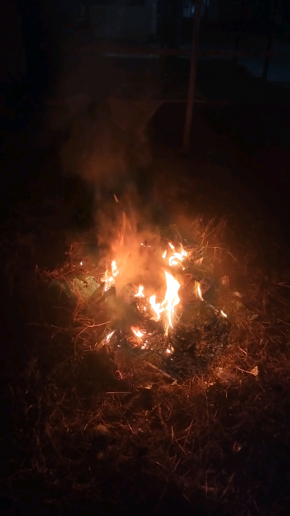 A bonfire burns brightly in the dark at night, likely in an outdoor area of Lhokseumawe, Indonesia, such as a yard or park. The fire is composed of dry leaves, twigs, and other organic material, casting a warm orange glow on its surroundings. Wisps of smoke rise from the flames, partially obscuring the background which appears to be a dark, unlit area, possibly with faint outlines of structures or trees. The ground around the fire is covered with dry grass and debris, illuminated by the fire's light. No people are visible in the image. The scene is likely a controlled burning of yard waste.