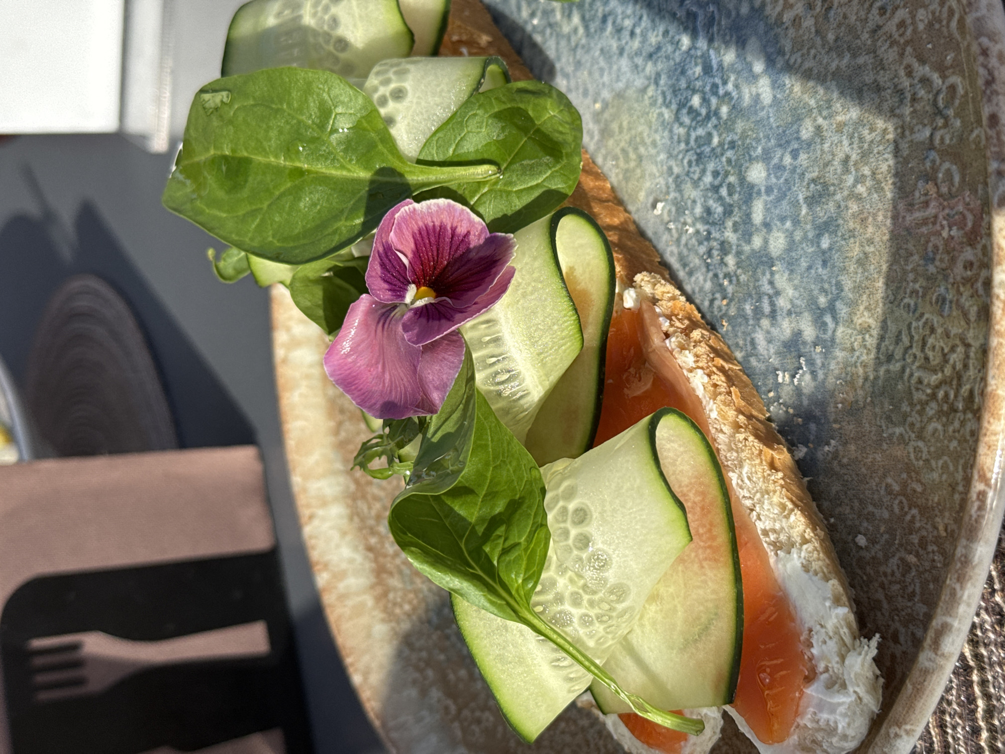 A close-up shot of a toast placed on a plate. The toast is topped with cream cheese, smoked salmon, cucumber ribbons, green leaves, and a purple flower. A brown cutlery holder with a fork silhouette is visible on the left side of the image. The plate has a mottled blue and brown pattern. The setting appears to be outdoors, possibly in Bar, Montenegro, given the lighting and style.