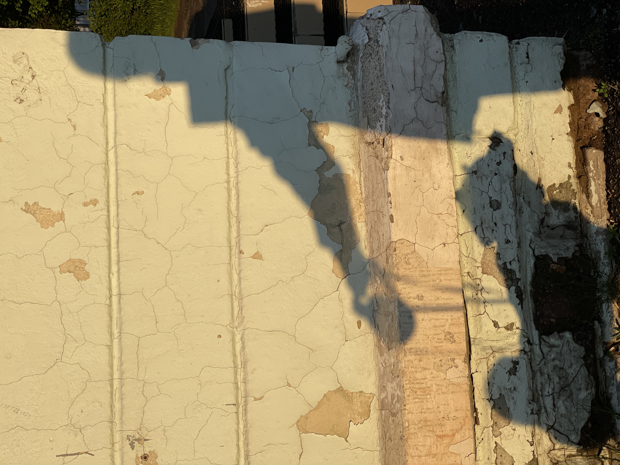 An elevated, oblique, medium shot depicts a deteriorating, light-yellow concrete structure, possibly a wall or step, in an outdoor environment. The surface is heavily cracked and shows areas where the outer layer has peeled away, revealing a beige or light-brown substrate. The structure is divided into vertical sections by raised seams, giving it a panel-like appearance. A vertical element, possibly another part of the same structure or a different material like concrete, is present on the right side. Shadows cast from an unseen object obscure portions of the surface, complicating the assessment of detail in those areas. The surrounding environment includes patches of dark soil with plants or vegetation visible in the upper left corner and along the right edge. The lighting appears to be soft and diffuse. There are no people visible in the image. The location of Zheleznogorsk, Russia cannot be determined from this image.