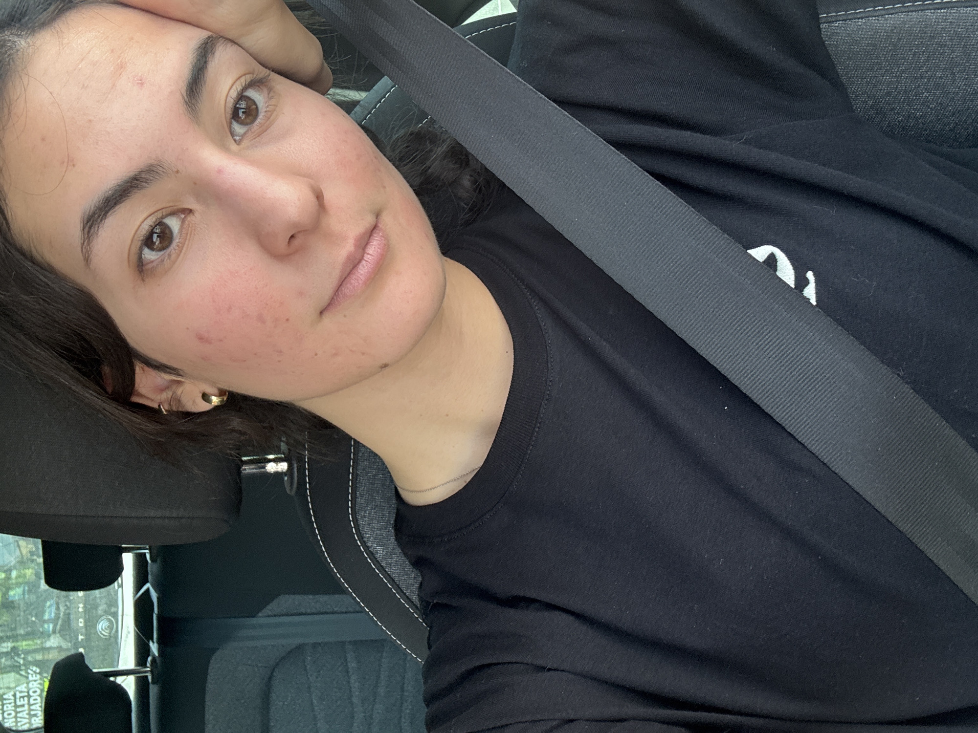 A person is seated in a car, wearing a black t-shirt and a seatbelt. They have brown hair and brown eyes. The background shows a car seat and the interior of the vehicle. There are no specific details visible to connect the image definitively to San Bernardino Tlaxcalancingo, Mexico.