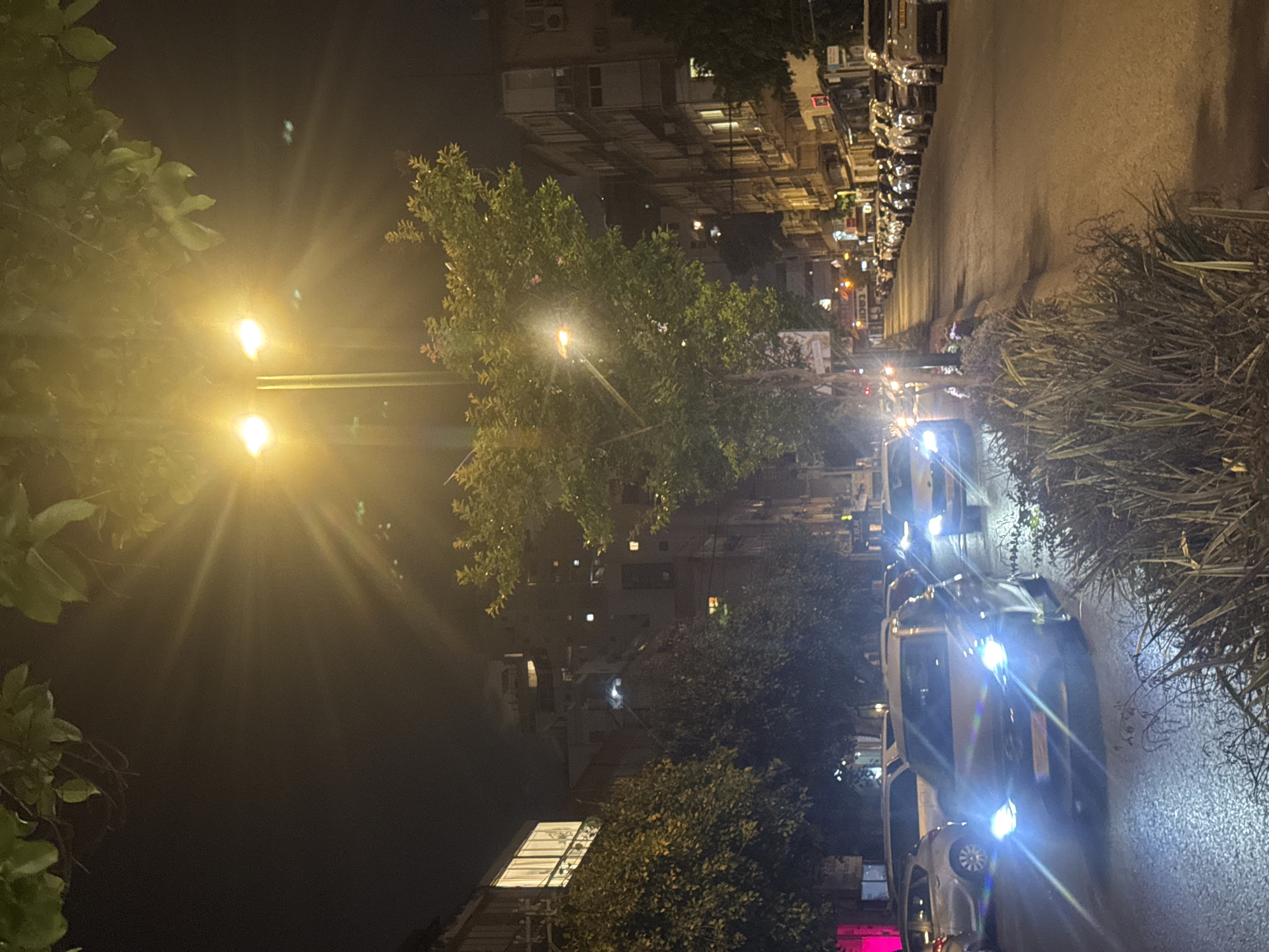 This nighttime scene in Ramat Gan, Israel, shows a street lined with parked cars on the right side and trees on the left. A streetlight shines brightly, creating a starburst effect. Buildings line the street, their windows illuminated. Cars with headlights on are visible in the middle of the road. The foliage of trees and bushes is prominent on both sides of the street.