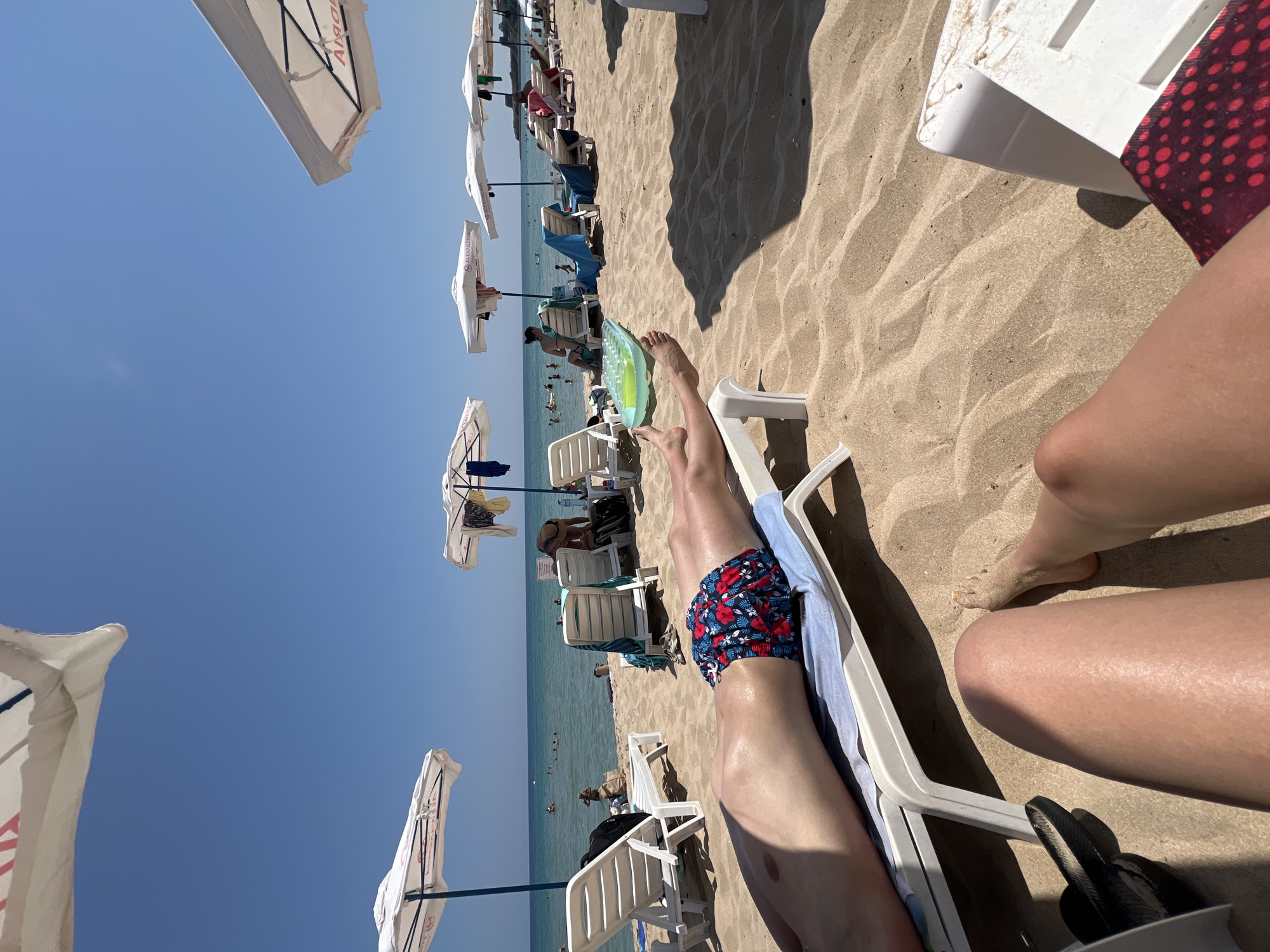 The image depicts a crowded beach scene in Primorsko, Bulgaria, under a clear blue sky. In the foreground, two individuals are relaxing on lounge chairs on the sandy beach. One person, lying on their stomach, is wearing red and blue patterned swim trunks. The other person's legs are visible from a higher vantage point, and they are wearing red patterned shorts.
Numerous beach umbrellas, mostly white with some bearing the "Alexandria" logo, are set up along the shore, providing shade for beachgoers. Several white plastic lounge chairs are occupied or empty. In the background, the turquoise sea is visible, with several people swimming and wading in the water. The beach is lined with more lounge chairs and umbrellas, indicating a popular tourist destination. The overall atmosphere is one of leisure and relaxation on a sunny summer day.