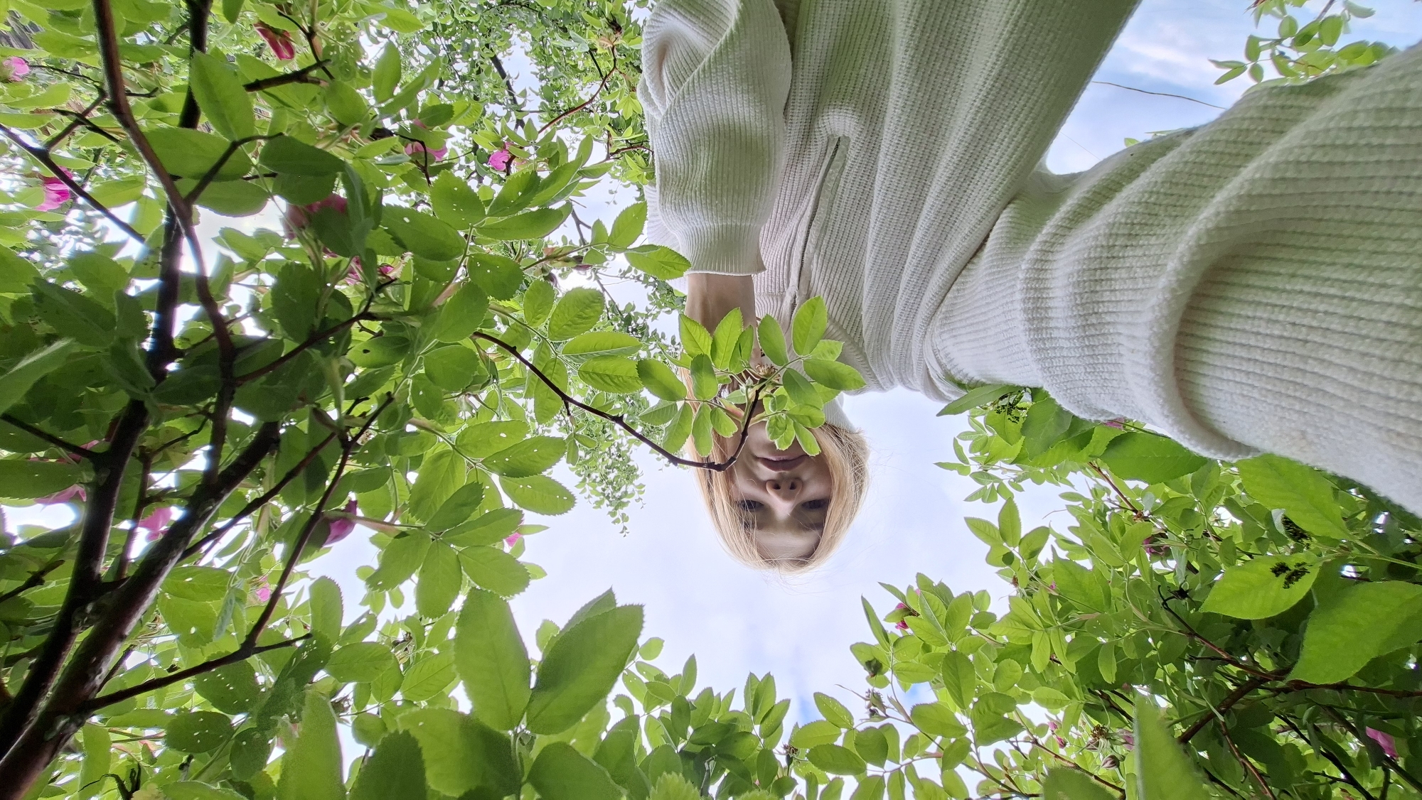 A young woman with blonde hair and fair skin is pictured from a low angle, looking up at the camera. She is wearing a white, textured sweater with a zippered neckline and a high collar. She is surrounded by lush green foliage and branches, with a few pink flowers visible among the leaves. The sky, which is overcast with some bright patches, is visible through the canopy. The scene appears to be outdoors, in a natural setting.