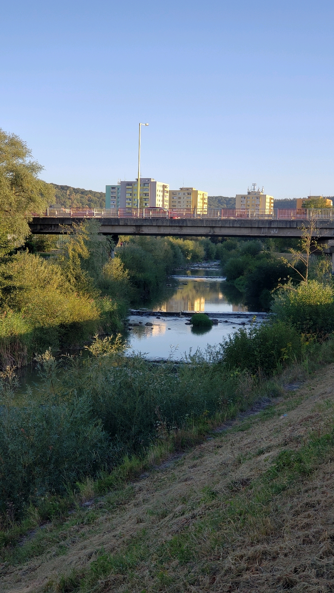 A wide-angle vertical shot captures a sunlit scene of a bridge spanning a gentle river, reflecting the clear blue sky. The bridge, supported by concrete pillars, is lined with a red railing. Beyond the bridge, a row of multi-story apartment buildings, painted in various pastel colors including yellow, green, and grey, are visible. A solitary lamppost stands tall near the buildings. The riverbanks are densely populated with lush green foliage and trees. The water features small cascades and rocks, with the buildings and sky visibly mirrored on its surface. The foreground shows a grassy slope with patches of dry grass, indicating a natural embankment. The image is located in Prešov, Slovakia, specifically depicting the bridge over the Sekčov stream, leading towards the Sídlisko II residential area.