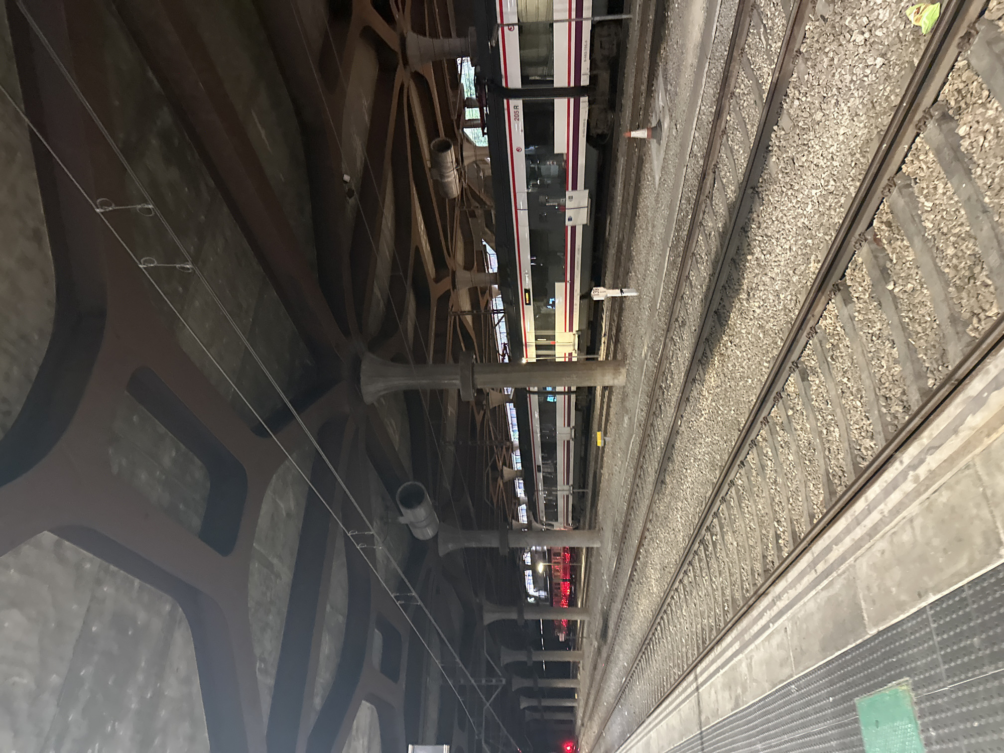 The image depicts a train station platform in Oviedo, Spain, characterized by its distinctive vaulted ceiling and supporting pillars. The platform itself, made of concrete with textured lines and a green square marking, is in the foreground, adjacent to multiple train tracks covered in gravel. Two trains are visible on the tracks: one is a white and red passenger train with the number "205 R" clearly marked, and another train further in the background appears to be illuminated with red lights. The overall environment suggests a covered, possibly underground or indoor, train station with artificial lighting. The scene is static, with no people actively engaged in any interactions.