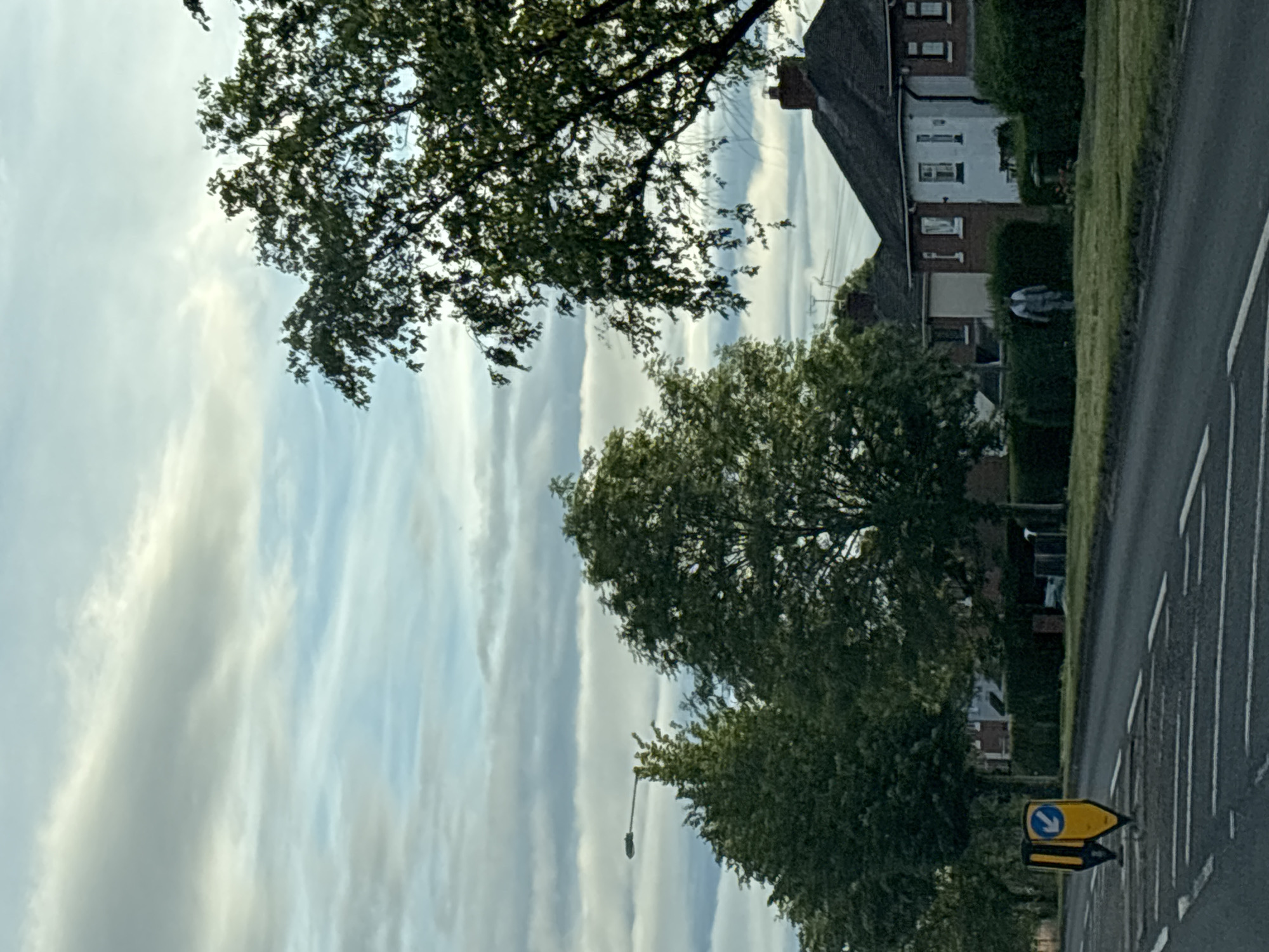 The image shows a street scene in South Staffordshire, United Kingdom. In the foreground, a road with white lane markings is visible. To the left, a yellow and blue traffic bollard with a white arrow pointing left is placed on the road. Further down the road, several trees line the pavement, with houses visible behind them. One of the houses is a semi-detached property with red brick and white painted sections, featuring multiple windows and a dark tiled roof. A person dressed in light-colored clothing is standing on the grass in front of the houses, facing towards the right. The sky above is filled with a mix of white and gray clouds, suggesting an overcast or partly cloudy day. A lamppost can be seen amongst the trees on the left side of the image. The overall impression is a suburban residential street.