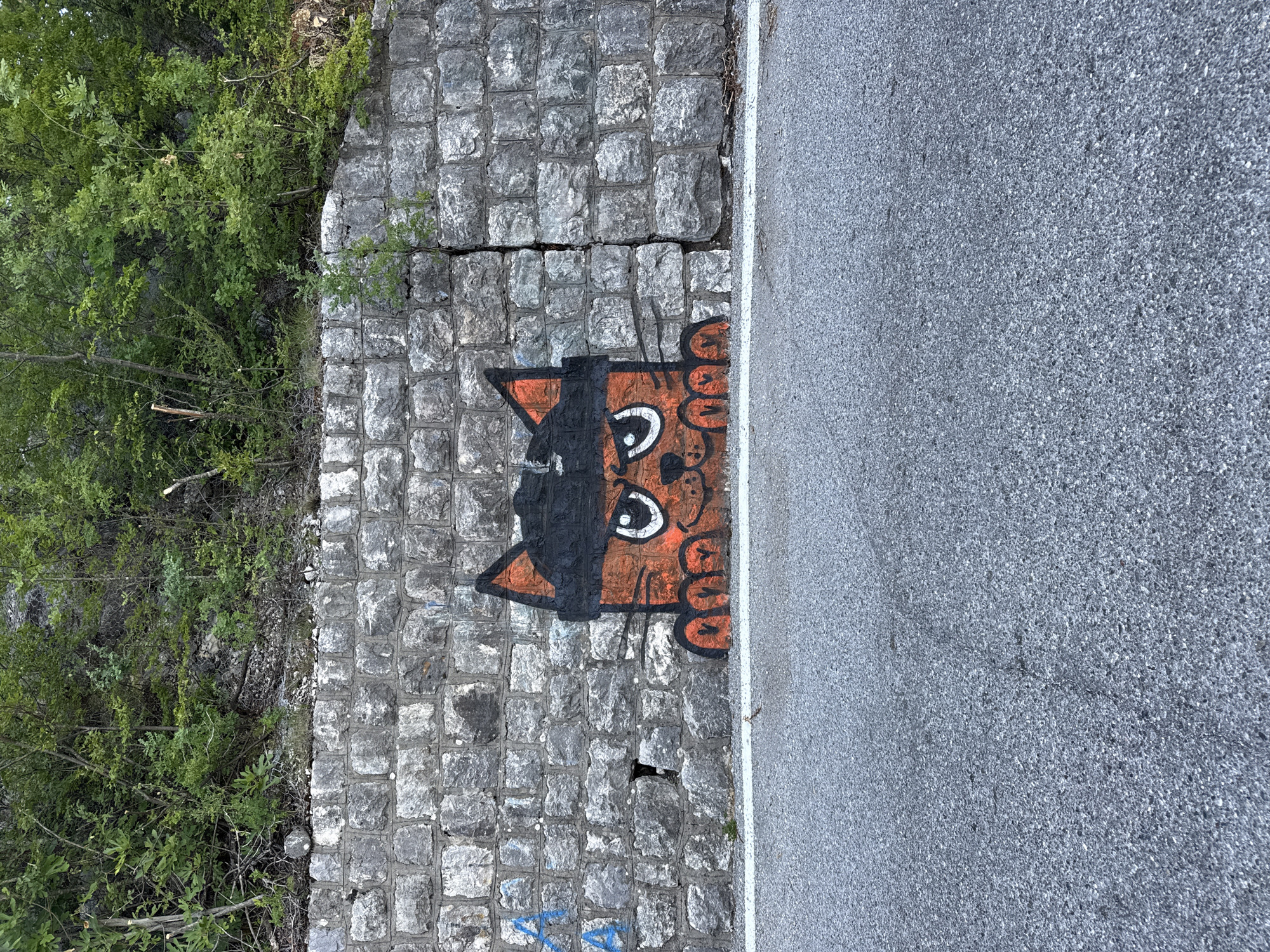 The media file depicts an outdoor scene in Bukovik, Montenegro, characterized by a stone wall and an asphalt road. The stone wall, constructed from rough-hewn blocks, shows signs of age and weathering, with visible cracks and some vegetation growing between the stones. On the wall, a graffiti artwork of a cartoon cat is prominently displayed. The cat is orange with black accents around its eyes and ears, and it has large white eyes with black pupils. It appears to be peeking out from behind the wall, with its paws visible. The asphalt road runs alongside the wall, separated by a white line. The road surface is textured and appears to be well-maintained. To the left of the stone wall, dense green vegetation, including trees and bushes, can be seen, suggesting a natural or semi-wild environment. The overall scene conveys a sense of an urban or roadside setting integrated with nature. The lighting suggests it is daytime, and the weather appears to be fair. No people are visible in the media file. There is some blue spray-painted text on the lower part of the stone wall, but it is too indistinct to read.