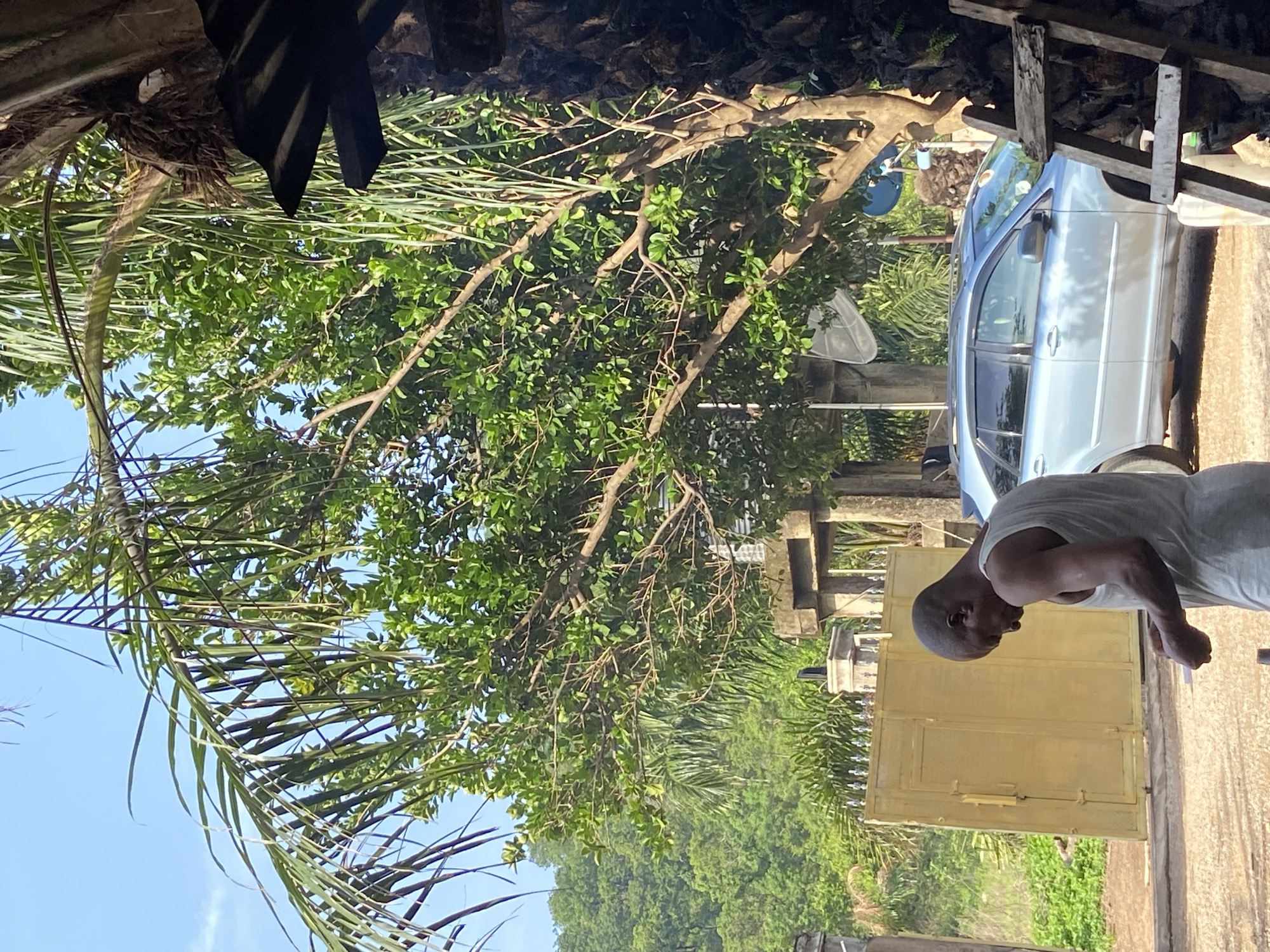 A ground-level, outdoor shot in Mararaba, Nigeria depicts a man standing near a light blue sedan and a yellow metal gate. The man has a shaved head and is wearing a white t-shirt. A tree with green foliage is visible, along with a palm tree. A satellite dish is mounted near the gate. The sky is blue and clear. The location appears to be a yard or driveway.