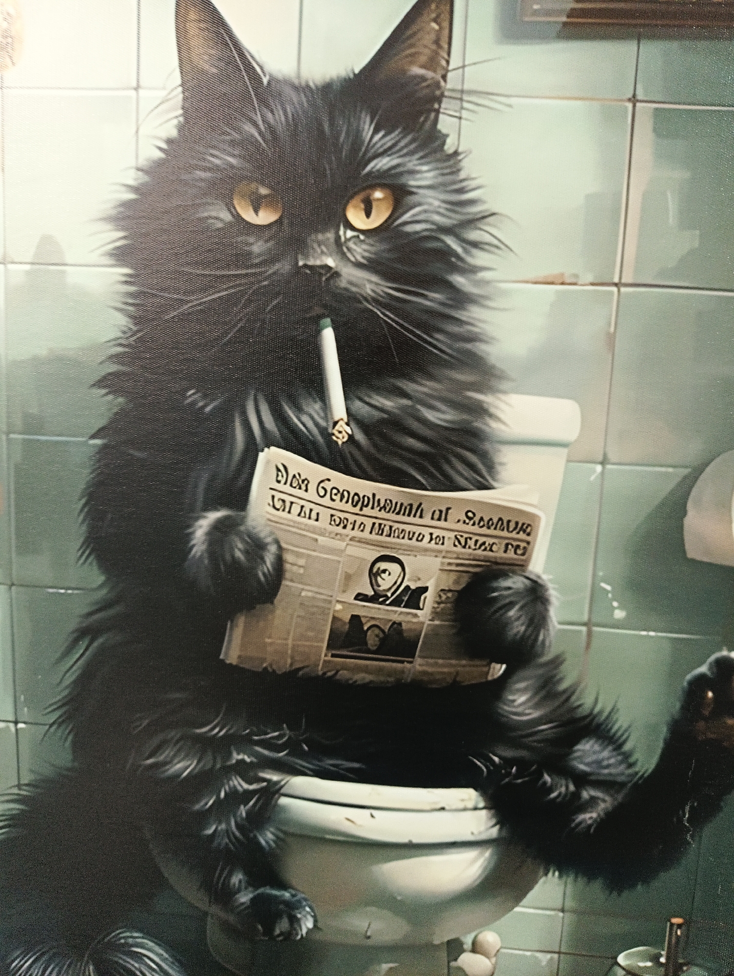 The image depicts a black, long-haired cat sitting on a toilet. The cat is holding a newspaper in its paws and has a cigarette in its mouth. The background appears to be a bathroom with light green tiled walls. There is a roll of toilet paper visible on the right side of the image. The cat's eyes are yellow and it has a curious expression. The scene is rendered in a painterly style. There is no indication of the city of Karnobat, Bulgaria in the image.