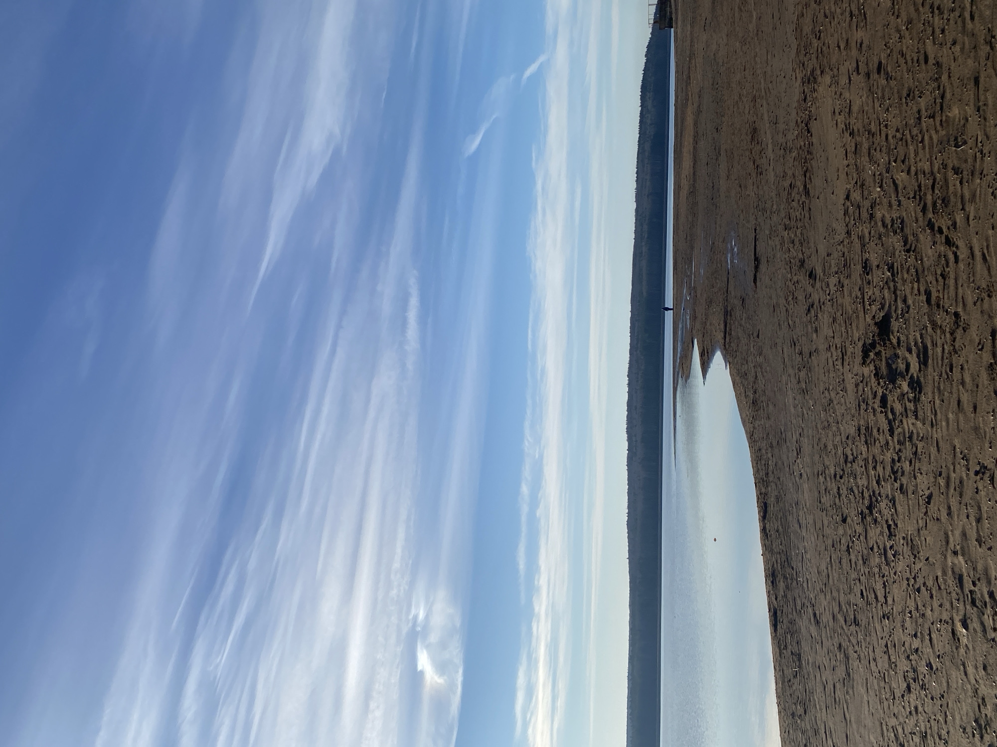 The image captures a vast, serene landscape featuring a wide expanse of sky, a large body of water, and a textured shoreline, likely near Chaikovsky, Russia, on the Kama Reservoir.
The upper two-thirds of the frame are dominated by a bright, clear blue sky, traversed by numerous delicate, wispy white clouds. These high-altitude cirrus or cirrocumulus clouds stretch diagonally across the sky, suggesting gentle air currents. Below the sky, a calm, expansive body of water, possibly a lake or reservoir, extends towards the horizon. Its surface appears smooth and slightly reflective, mirroring the soft blue light of the sky.
On the far bank of the water, a distant, dark treeline forms a low, horizontal strip, indicating a forested area. A tiny, solitary human figure is visible standing near the water's edge against this distant treeline, highlighting the immense scale of the landscape. Another very faint, possibly human, figure can be discerned further to the right in the midground, also near the water.
The foreground and bottom right portion of the image reveal a textured, dark sandy or muddy beach or shoreline, showing ripples and irregularities from the water's movement or footprints. The lighting suggests it is daytime, possibly late morning or early afternoon, given the gentle illumination and lack of harsh shadows. The overall atmosphere conveyed is one of peaceful solitude and natural grandeur. There is no visible text in the image.