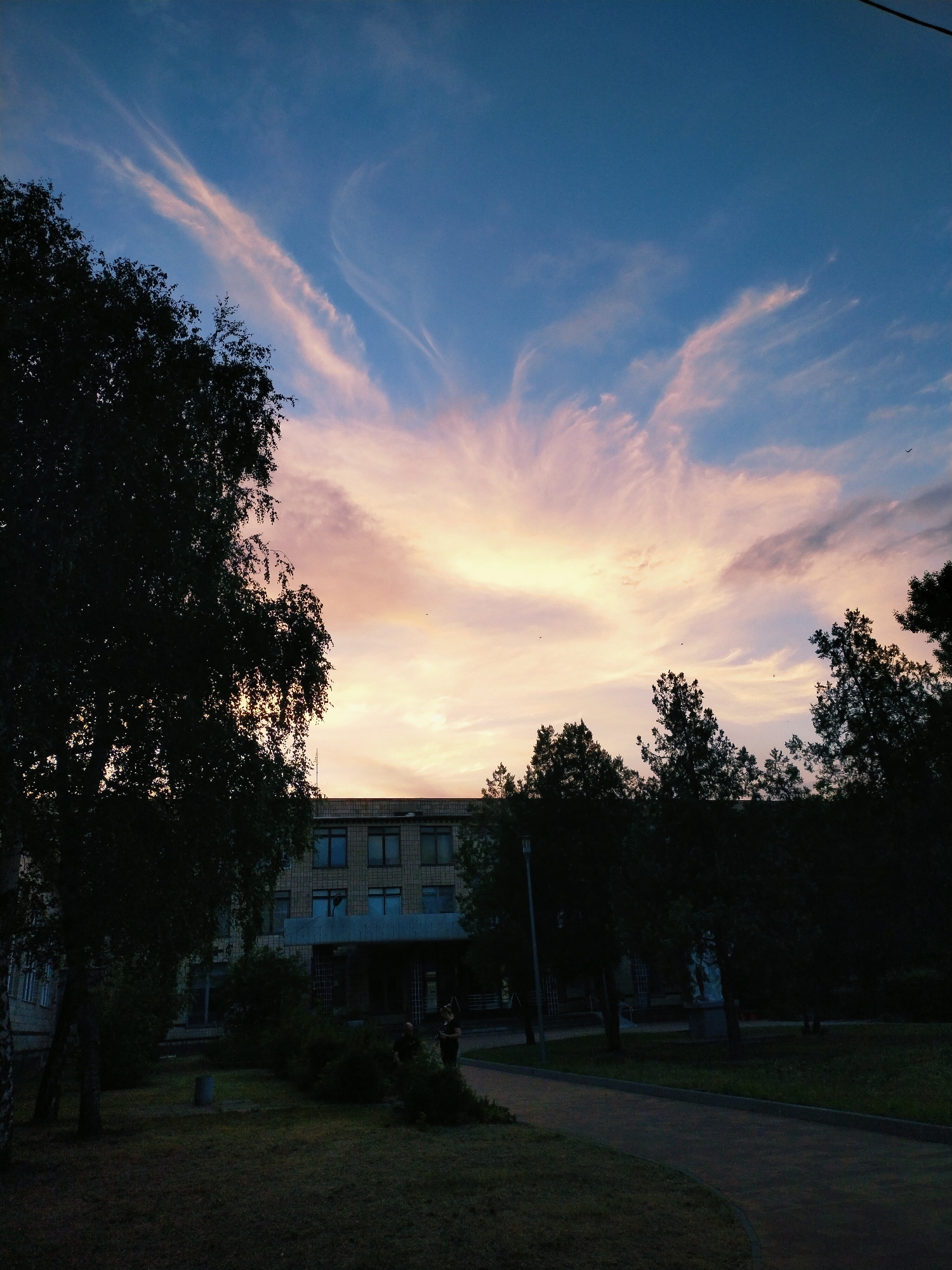 This media file captures a twilight scene in Horishni Plavni, Ukraine. The sky is a gradient of deep blue at the top, transitioning to shades of pink and yellow near the horizon, illuminated by streaks of wispy clouds. Silhouetted against this colorful sky are several trees and a multi-story building, appearing as dark shapes.
The building has a tiled facade and multiple windows, suggesting it could be a school or administrative complex. In front of the building, there is a paved pathway that curves through a grassy area. Scattered throughout the scene are more trees, also silhouetted and dark.
A few small birds are visible in the sky, adding to the atmosphere of the late day. The overall mood is serene and slightly melancholic, characteristic of dusk. The lighting suggests the time of day is just after sunset. No visible text is present in the image.