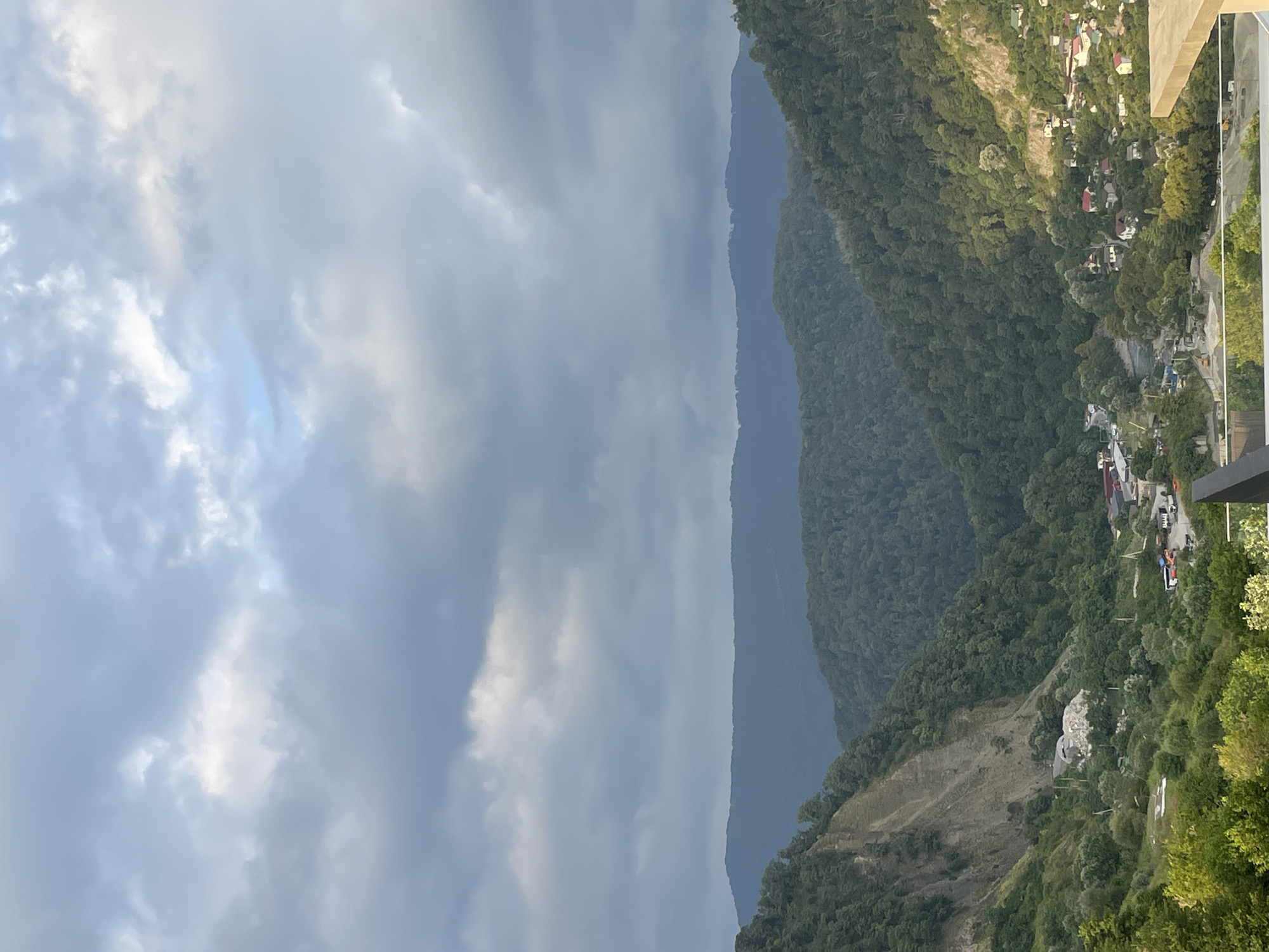 This image captures a panoramic view of a mountainous, forested region near Baranovka, Russia. The sky is filled with dramatic, overcast clouds, suggesting an impending or recent rainfall. The foreground features a paved area and a railing, indicating an elevated vantage point, possibly a balcony or observation deck.
Below, a valley unfolds, densely covered in lush green trees that climb the steep slopes of the mountains. A visible landslide scar on the left side of the valley exposes bare earth and rocky debris, with a pile of construction materials or rubble at its base. Further down in the valley, a small settlement is visible, characterized by a cluster of houses with red and white roofs nestled amongst the trees. A road winds through the settlement, and evidence of construction or excavation can be seen near the riverbed.
The overall impression is one of a rugged natural landscape marked by human presence and activity. The lighting is subdued due to the overcast sky, creating a somewhat somber atmosphere, yet the vibrant green of the foliage suggests a thriving ecosystem. There are no visible people or animals in the frame.