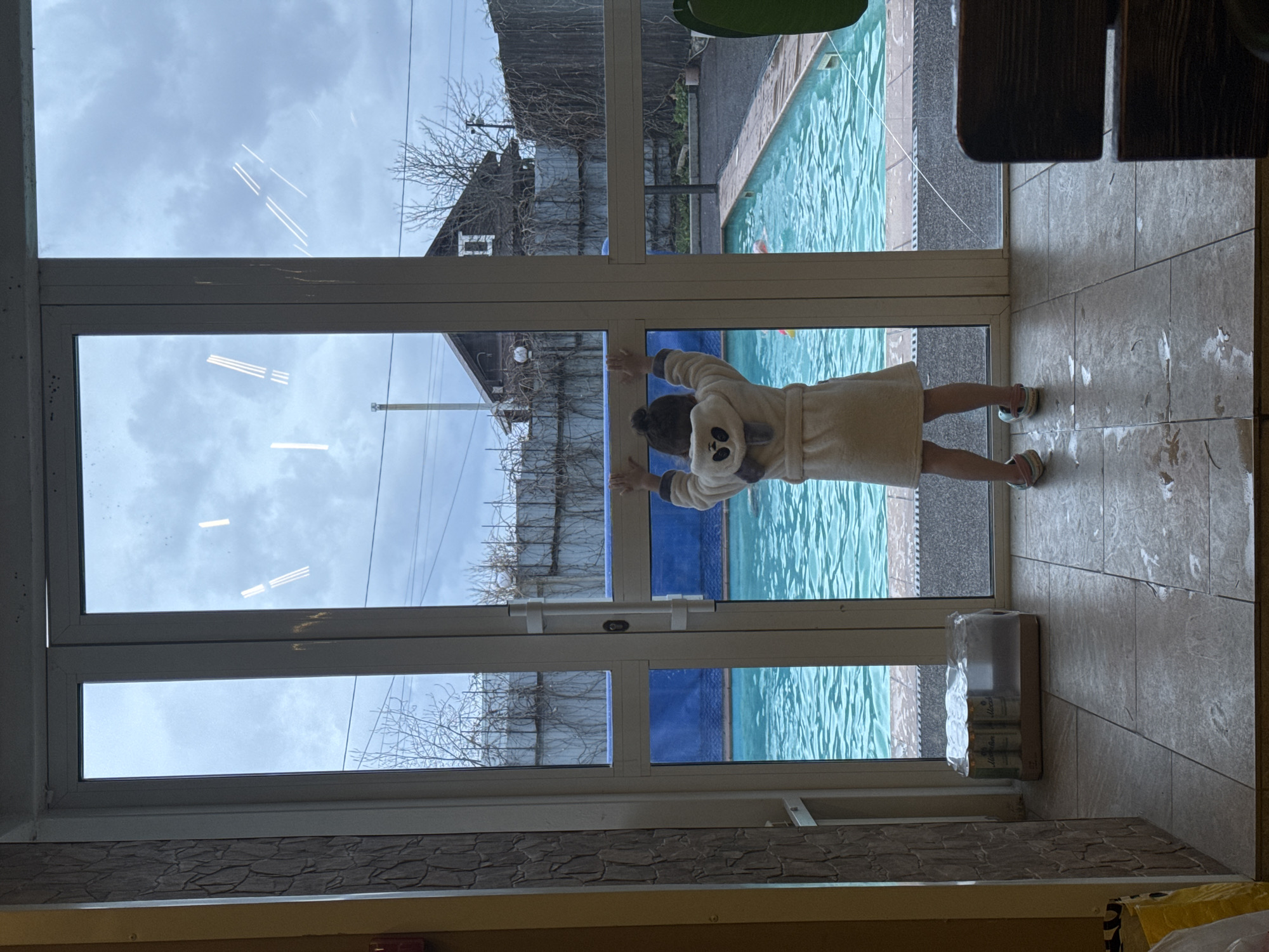 A small child, likely a girl, wearing a cream-colored bathrobe with a panda-like hood, stands indoors looking out through large glass sliding doors. She presses her hands against the glass, peering at an outdoor swimming pool. Her small feet are clad in light-colored sandals.
Indoors, the floor is tiled in a light, neutral color, and a textured wall panel is visible at the bottom of the frame. Near the glass doors, a cardboard box containing what appears to be canned goods is placed on the floor.
Outside the doors, a blue-tiled swimming pool filled with rippling light blue water occupies the middle ground. Beyond the pool, a brown wooden fence separates the area from a residential backyard. Bare, leafless trees and bushes are visible, suggesting late autumn, winter, or early spring. A house structure is partially visible in the distance on the left. The sky is overcast and grey, indicating a cloudy day. Overhead power lines crisscross the sky. The overall scene suggests a private residence or a facility with an outdoor pool in Chaikovsky, Russia, where the weather is currently unsuitable for swimming, prompting the child's indoor observation.