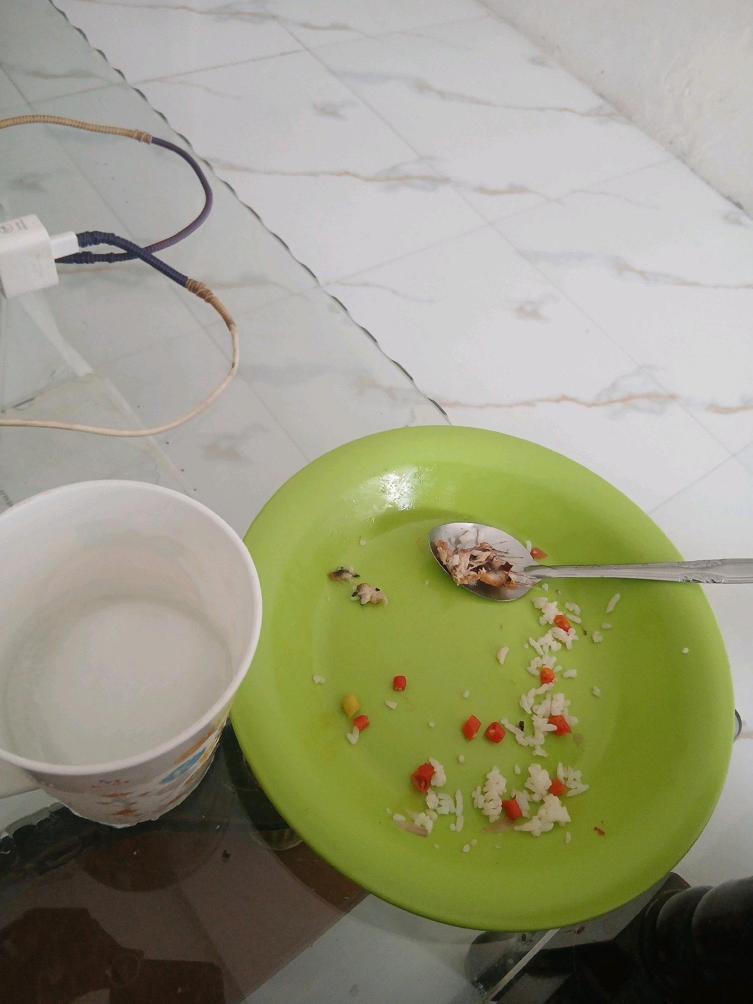 The image shows a partially eaten meal on a green plate, placed on a glass table. The meal consists of rice, pieces of red chili, and some shredded meat, with a spoon resting on the plate. To the left of the plate is a white mug filled with a clear liquid, likely water. In the background, a white electrical adapter with purple and beige cables is visible, suggesting it is plugged into a power source. The floor is tiled with a white marble pattern. The scene is set indoors, likely in a domestic environment within the city of Gorontalo, Indonesia. There are no people visible in the image.