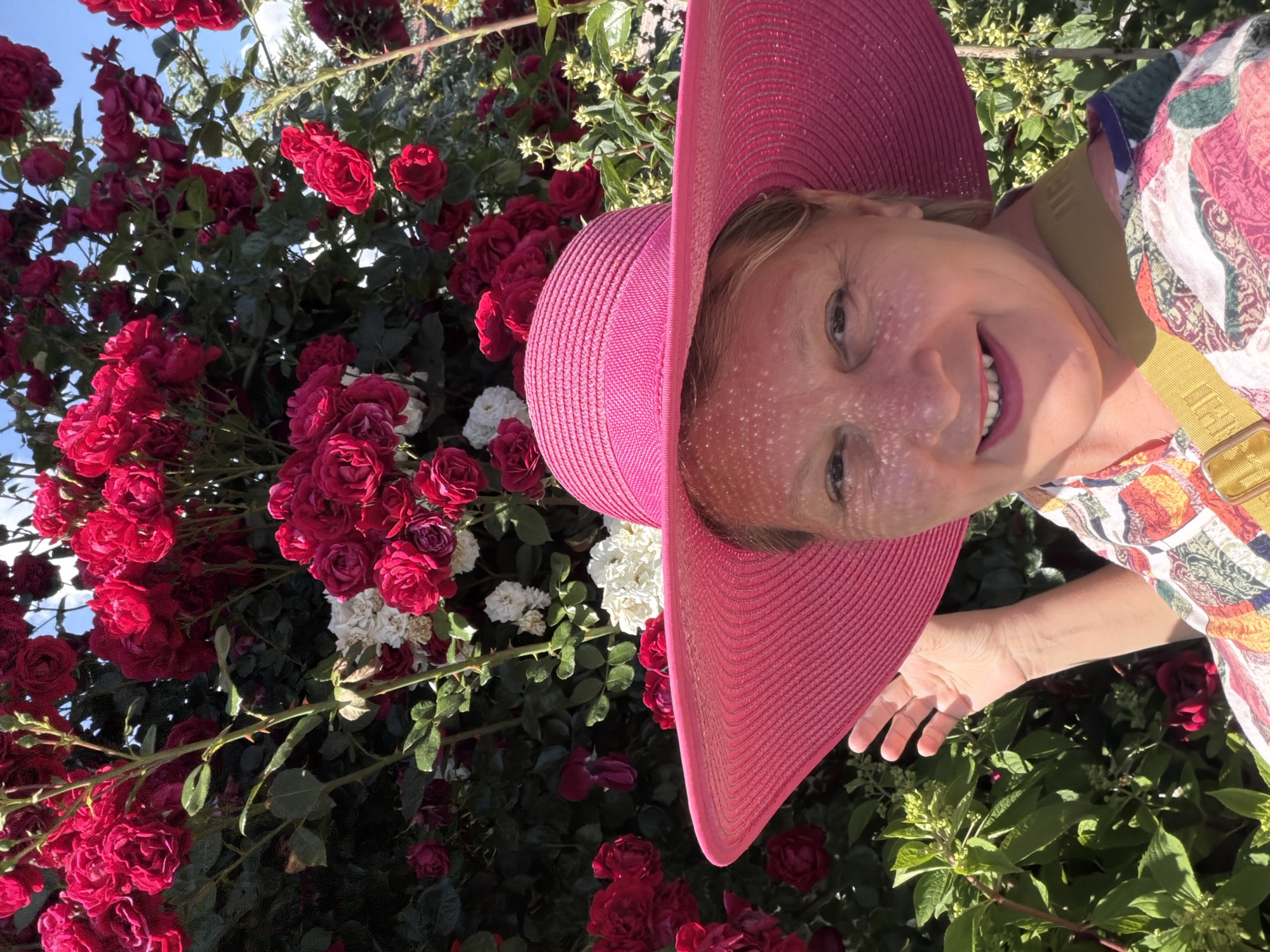 This is a medium shot of a woman wearing a wide-brimmed pink hat and a colorful, patterned shirt. She is partially obscured by a large bush of red and white roses. The woman is smiling and looking directly at the camera. Her skin is lightly freckled, and the sunlight casts speckled patterns on her face through the brim of her hat. A yellow strap is visible across her shoulder, part of her shirt or accessory. The roses are in full bloom, with deep red and some white varieties. The background is filled with lush green foliage and more roses. The lighting suggests it is daytime, possibly a sunny afternoon, given the dappled light and shadows. The overall mood appears cheerful and relaxed. No visible text is present in the image.