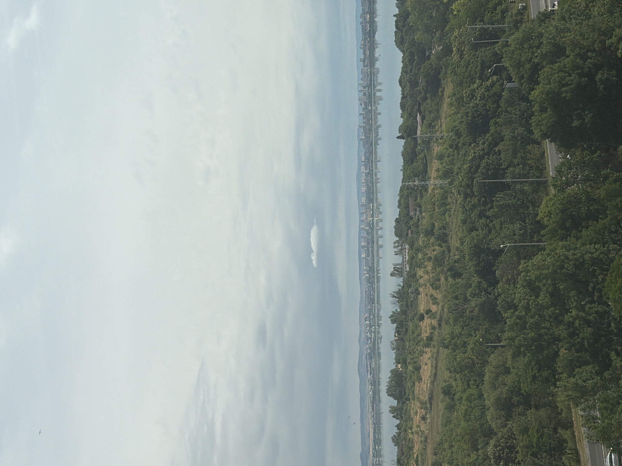 This is a wide shot of a city skyline across a body of water, taken from a slightly elevated perspective. The foreground is dominated by lush green trees and foliage, with a road running through it. In the mid-ground, a calm body of water reflects the sky and the distant city. The city itself is a sprawling urban landscape with numerous buildings of varying heights, suggesting a dense population center. The sky is overcast with a few scattered clouds. The overall impression is one of a somewhat hazy, temperate day in an urban coastal environment.
Based on the characteristic skyline with distinct high-rise buildings situated across a bay, and the presence of the Burgas Salt Lake, the location is likely the city of Burgas, Bulgaria, viewed from the north or west.