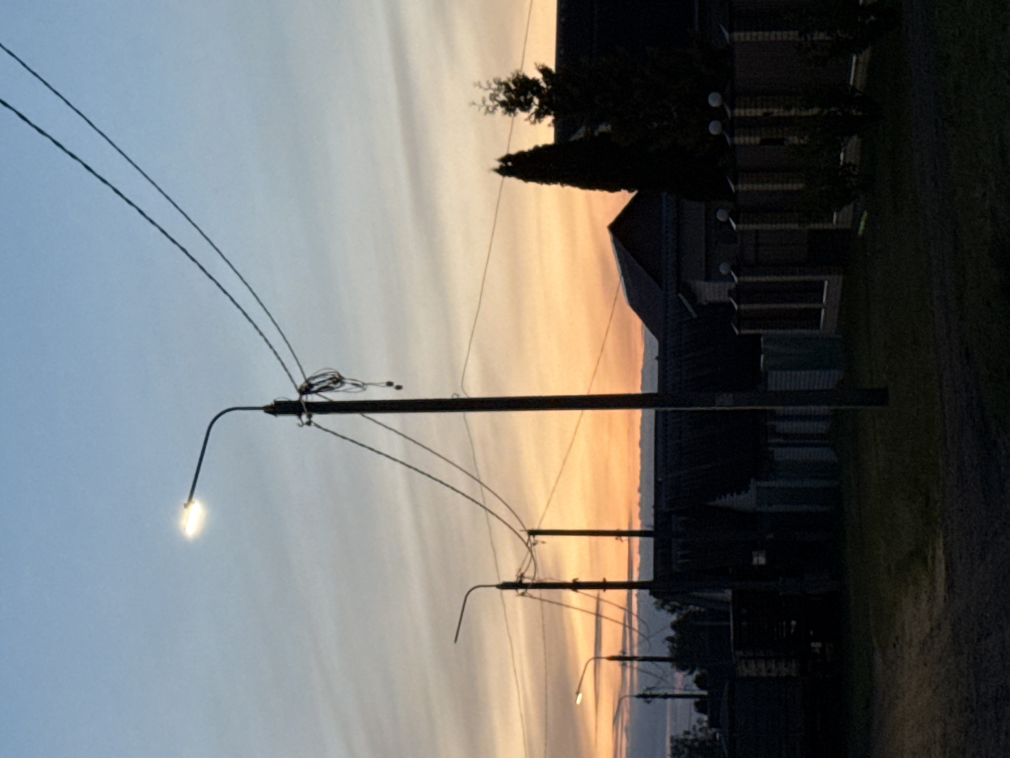 An outdoor scene captures the transition between day and night, likely sunset, in a rural or suburban area in Лабжанскі сельскі Савет, Belarus. The image is dominated by the sky, which displays a gradient of colors from light blue at the top, transitioning into soft yellows and warm oranges towards the horizon, eventually meeting a dark, silhouetted landscape.
In the foreground and midground, several utility poles with attached wires are visible, creating strong vertical and diagonal lines across the frame. The most prominent pole is on the left, featuring a streetlamp that is actively lit, emitting a bright white glow against the twilight sky. Further down the street, additional streetlights can be seen, some also illuminated, suggesting the deepening of dusk or dawn.
The lower portion of the image shows the dark silhouettes of buildings, possibly houses, and various trees and bushes. These elements are almost entirely underexposed, appearing as dark masses against the lighter sky, providing a strong contrast and depth to the scene. The ground or road in the immediate foreground is also dark, hinting at an unpaved surface like dirt or gravel. The overall atmosphere is tranquil and calm, characteristic of the evening or early morning in a quiet settlement. No people or visible text are present in the image.