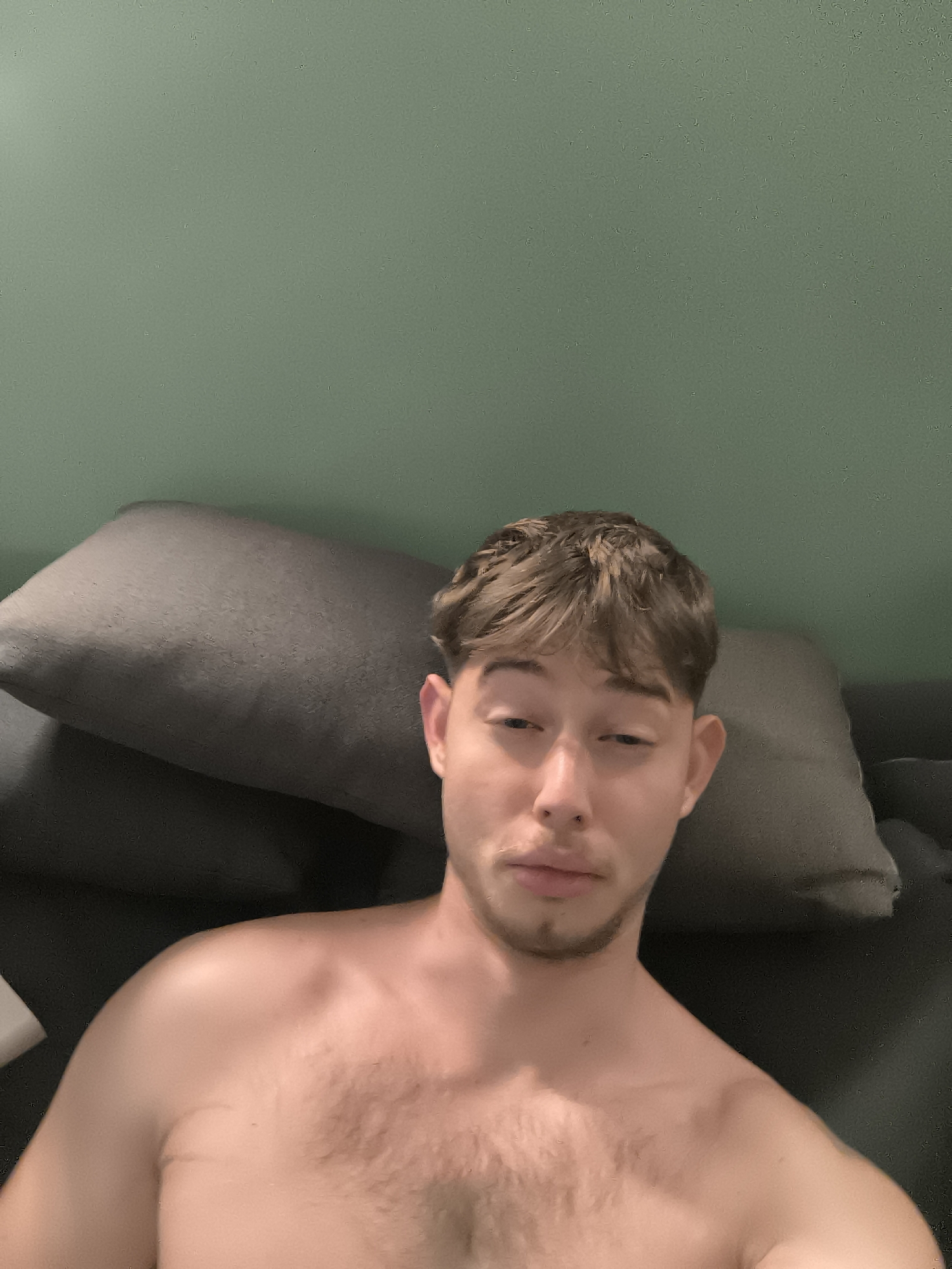 A shirtless man with short brown hair and light stubble lies on a gray couch with gray pillows. He is looking directly at the camera with a relaxed expression. The background is a solid, light green wall. The location is not identifiable as Sofia, Bulgaria.
