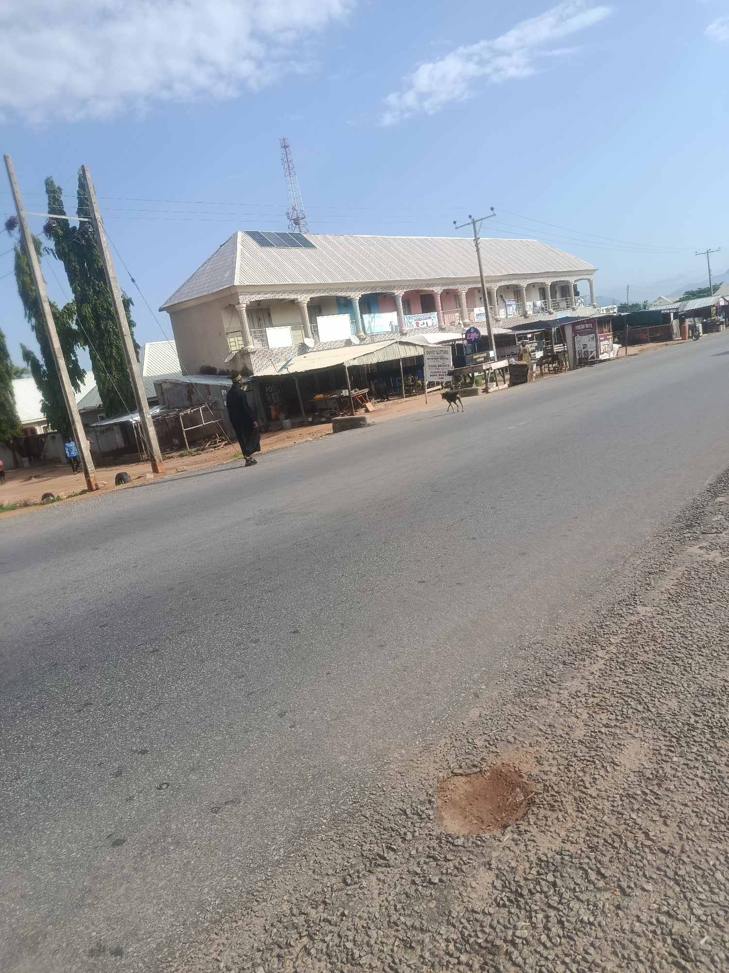 The image shows a street scene in Jalingo, Nigeria. The street is paved and appears to be a commercial area with several buildings lining one side. The buildings have covered walkways with businesses operating beneath them. Some of these businesses have signage indicating services like "DUVET GLITTERS," "FRESH BITE," and "POST." One of the buildings has a second story with a decorative facade and balconies. There are solar panels on the roof of this building.
On the street, a person dressed in dark clothing, possibly a traditional garment, is walking away from the camera. Another person in a light-colored shirt is visible further down the street, near a power pole. A small animal, possibly a dog, is also present on the road. There are power lines and utility poles along the street. The environment appears to be sunny with a clear blue sky and some clouds. The road surface shows some wear and tear with patches of gravel and dirt. Trees are visible in the background, and a telecommunications tower is in the distance.