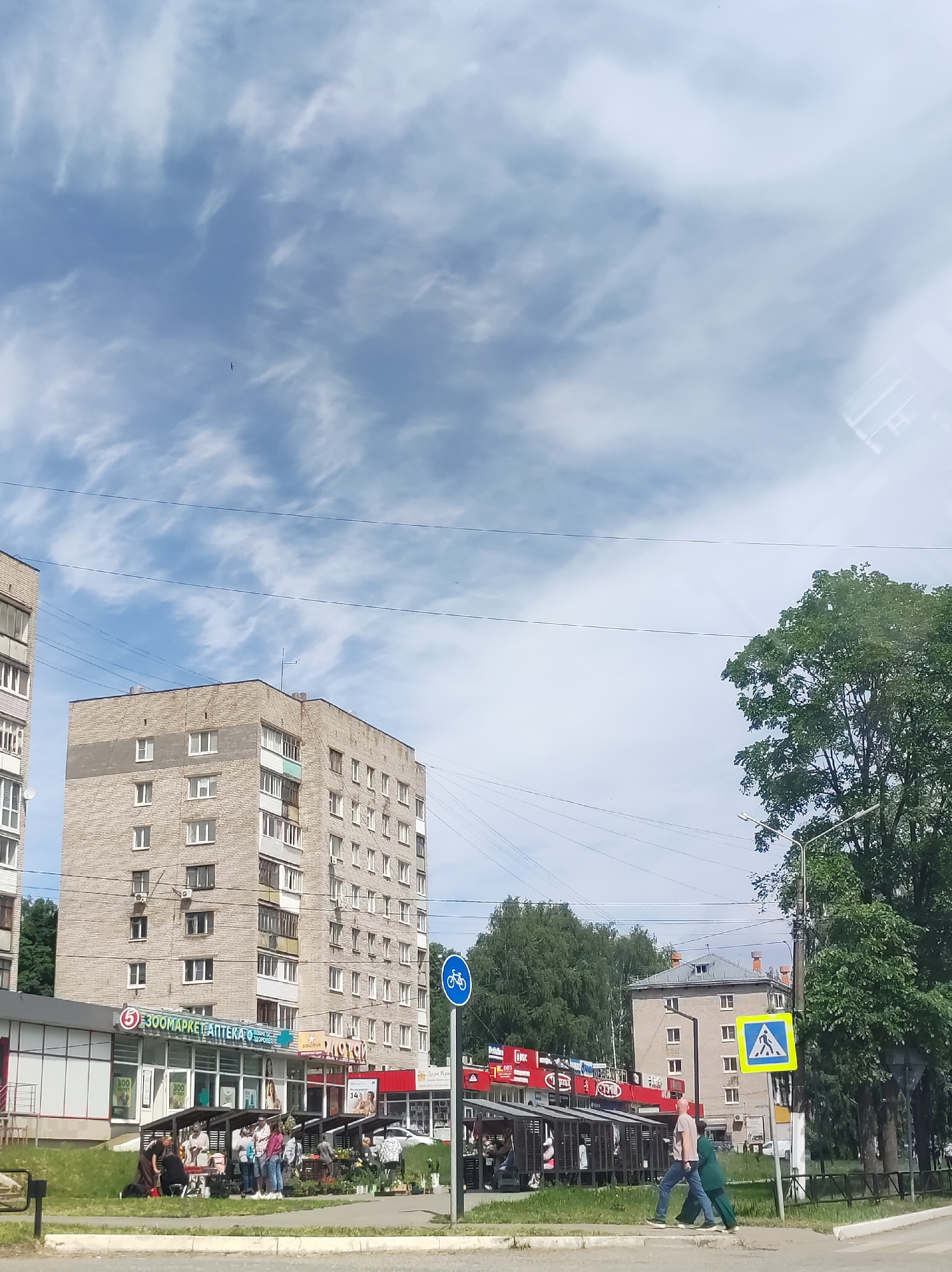 This daytime street scene captures a slice of urban life in Chaikovsky, Russia. The foreground is bustling with activity, featuring several temporary market stalls set up along a sidewalk. People are gathered around these stalls, some appearing to be vendors and others customers, engaged in browsing or purchasing items, possibly flowers or produce.
Behind the market, a large, light-brick apartment building dominates the left side of the frame. Its ground floor houses several commercial establishments, indicated by Cyrillic signage. Clearly visible are "ЗООМАРКЕТ" (ZOOMARKET), "АПТЕКА Здоровье" (PHARMACY Health), and a red logo that appears to be "Пятерочка" (Pyaterochka), a common Russian supermarket chain.
To the right, two individuals are walking on the sidewalk towards a yellow square sign indicating a pedestrian crossing. A blue circular sign with a white bicycle symbol, signifying a bicycle path, is also visible near the market. In the background, lush green trees frame another, older building, and power or communication lines crisscross the bright blue sky. The sky itself is adorned with wispy, scattered cirrus clouds, suggesting clear and pleasant weather. A tiny, dark speck, possibly a bird or a distant aircraft, is visible high in the upper-left portion of the sky. The overall impression is one of everyday urban activity.