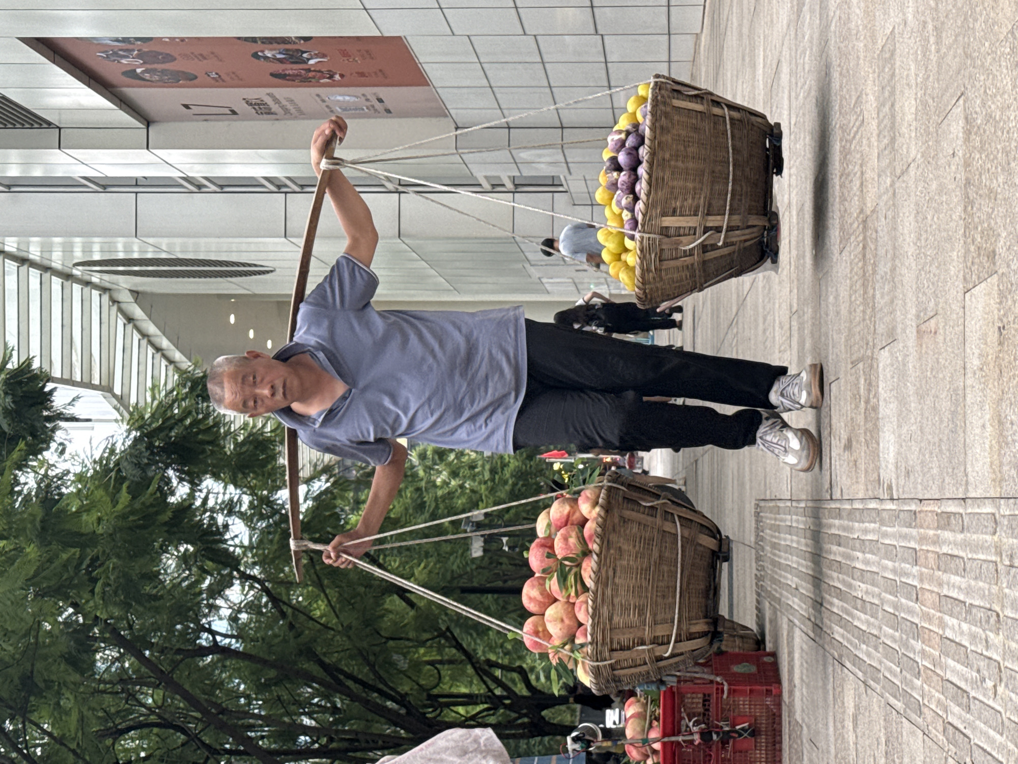 An elderly Asian man walks along a paved sidewalk in Yuzhong District, China, carrying two large woven baskets of fruit suspended from a wooden pole balanced on his shoulders. The basket on his left contains numerous pinkish-red peaches, while the basket on his right holds a mix of yellow and purple fruits, possibly lemons and plums. He wears a blue polo shirt and black pants, with gray sneakers. The background features lush green trees and a modern building with a tiled facade. Other pedestrians are visible in the distance, as well as a red crate containing more fruit on the left side of the frame. The lighting suggests it is daytime.