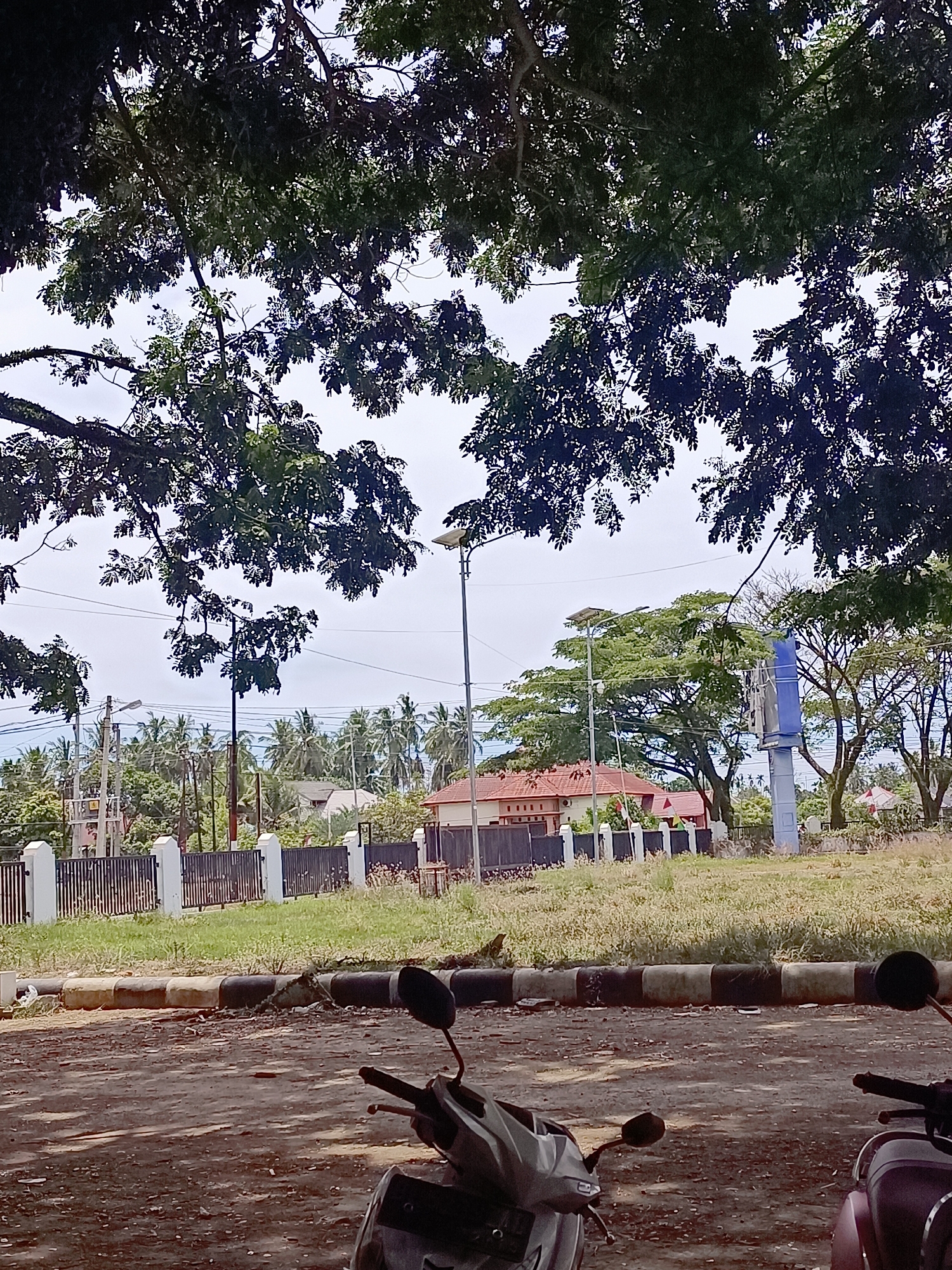 The image depicts a street scene in Meunasah Pupu, Indonesia, with a focus on the foreground and middle ground. Two scooters are parked in the lower part of the frame, their handlebars and mirrors visible. The ground in the foreground is a dirt or gravel surface. In the middle ground, there is a paved road with a concrete curb featuring alternating black and white sections. Beyond the curb, a grassy area with some dry vegetation is visible. A black metal fence with white pillars runs along the edge of this grassy area. Behind the fence, several buildings are situated, including one with a terracotta-tiled roof and a building with light-colored walls and a dark roof. A tall blue and white structure, possibly a billboard or information pillar, stands to the right of the buildings. A street lamp with solar panels is also visible. In the background, a dense arrangement of palm trees and other foliage suggests a tropical environment. The sky is overcast. The image is framed by the dark green leaves and branches of trees in the upper portion.