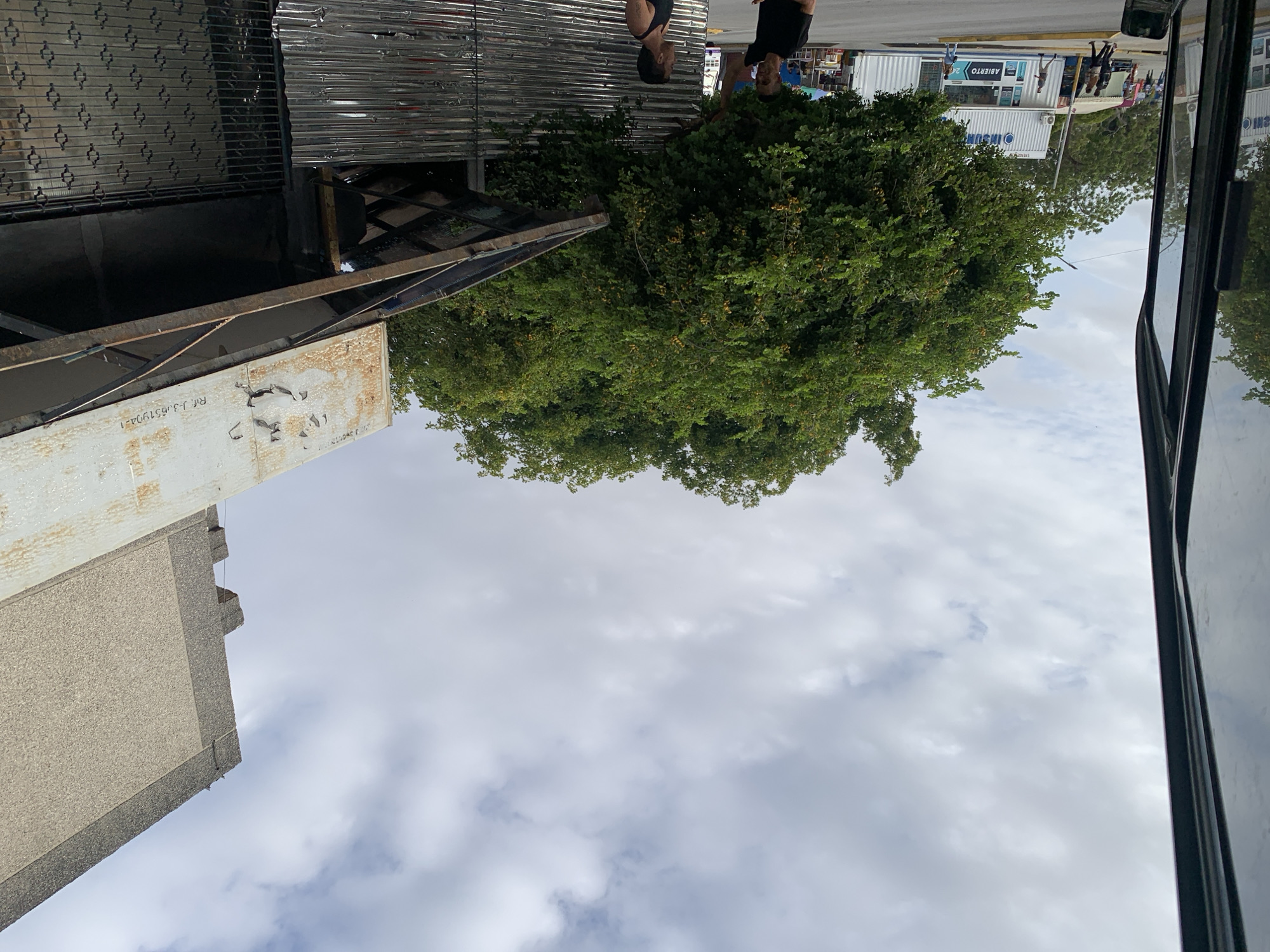 This image depicts an outdoor urban scene under an overcast or partly cloudy sky during daytime.
In the lower left foreground, there is a building with a textured, grey facade. Above and to the right of it, a distressed white structure with peeling paint is visible, featuring the alphanumeric text "RJ-33651994-1".
A large, lush green tree with dense foliage dominates the center of the midground. Several people are visible around the tree and in the background. Two men are prominently featured near the tree; one wears a black tank top, and the other a black t-shirt. Behind the tree on the left, there is a structure featuring corrugated metal panels and a patterned metal gate.
On the right side of the image, behind the tree, a white container-like building operates as a shop or business, situated next to a paved street with a yellow curb. Visible text on this container includes "ABIERTO" (Spanish for "OPEN") and "INSURG". Further down the street, more individuals can be seen. The far right edge of the frame shows the dark structure and reflective window of a vehicle, suggesting the photo was taken from inside it. The sky is filled with soft, diffused clouds. The scene appears to be an ordinary day in a commercial or residential area, consistent with a location such as Porlamar, Venezuela.
