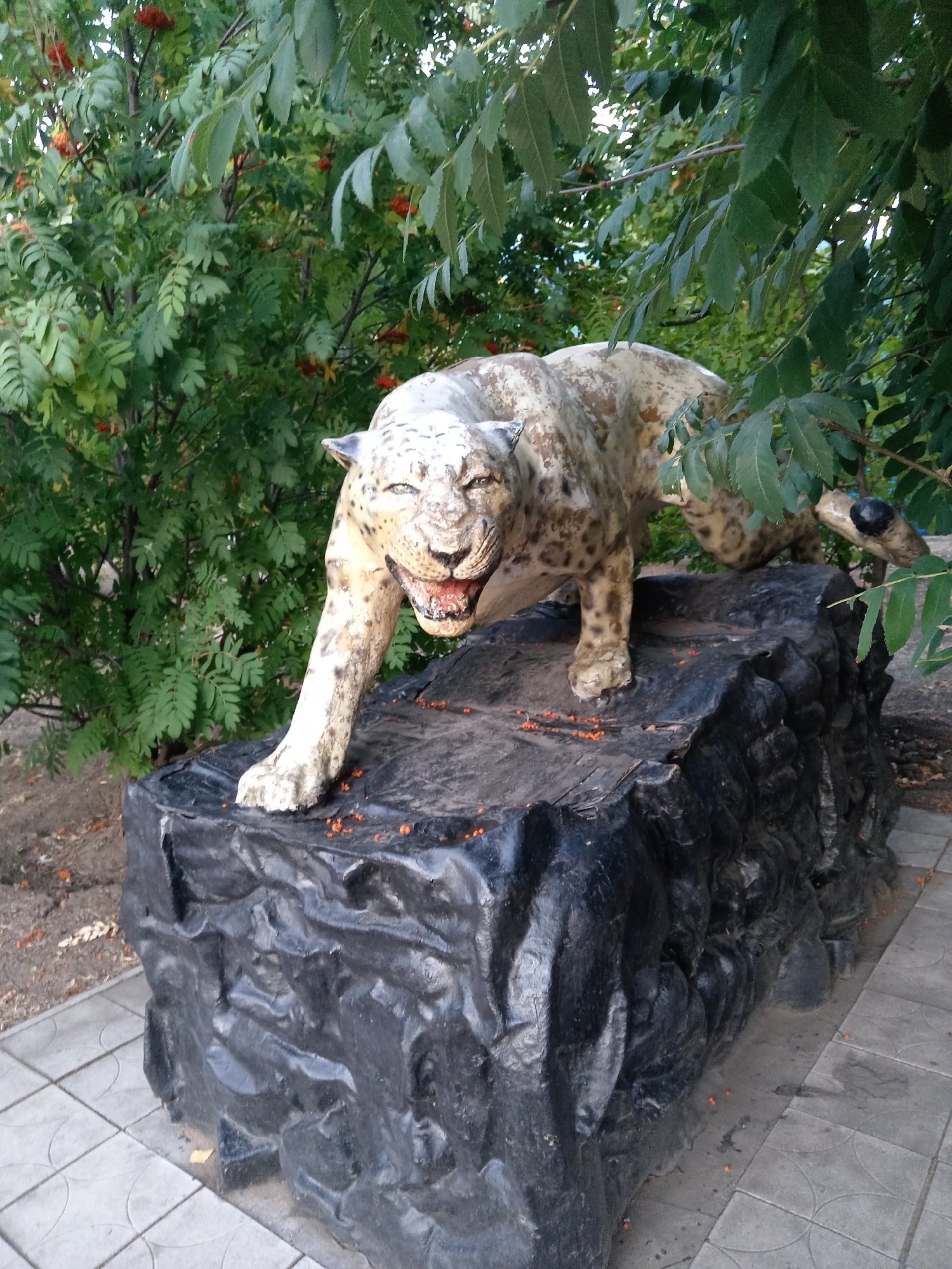 A realistic statue of a snow leopard is positioned on a black, rock-like pedestal. The leopard statue is light-colored with dark spots and has its mouth open, revealing its teeth and tongue. It is leaning forward with its front paws on the pedestal, as if about to pounce. The pedestal is situated on a paved area with a tiled walkway to its right. Behind the statue, there is lush green foliage with some red berries visible, suggesting a park or garden setting within the city of Rudny, Kazakhstan. Small orange berries are scattered on the pedestal and the surrounding ground.