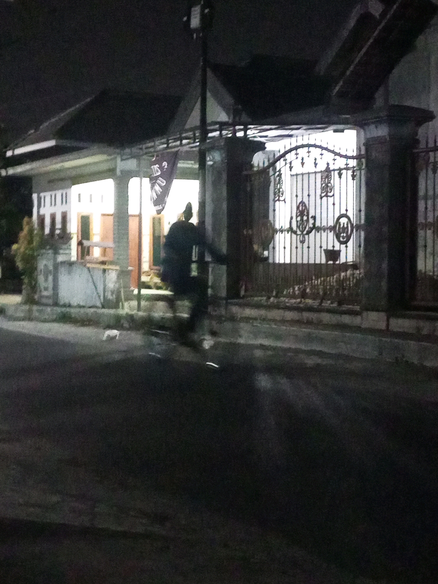 The image depicts a nighttime scene on a street in Ngasem, Indonesia, in front of a residential property. A person, silhouetted and appearing to be walking or in motion, is the central human subject. The person is wearing dark clothing and a head covering. A dark banner with white lettering, possibly a flag or pennant, is visible hanging from a pole near the entrance of the property, showing a portion of the text "IDS?". The property features a house with brightly lit windows and a decorative metal gate. A small white object, possibly a cat or a small animal, is present on the asphalt in the foreground. The street is dark and appears to be wet, with reflections visible on the surface. The environment suggests a quiet, residential area at night.