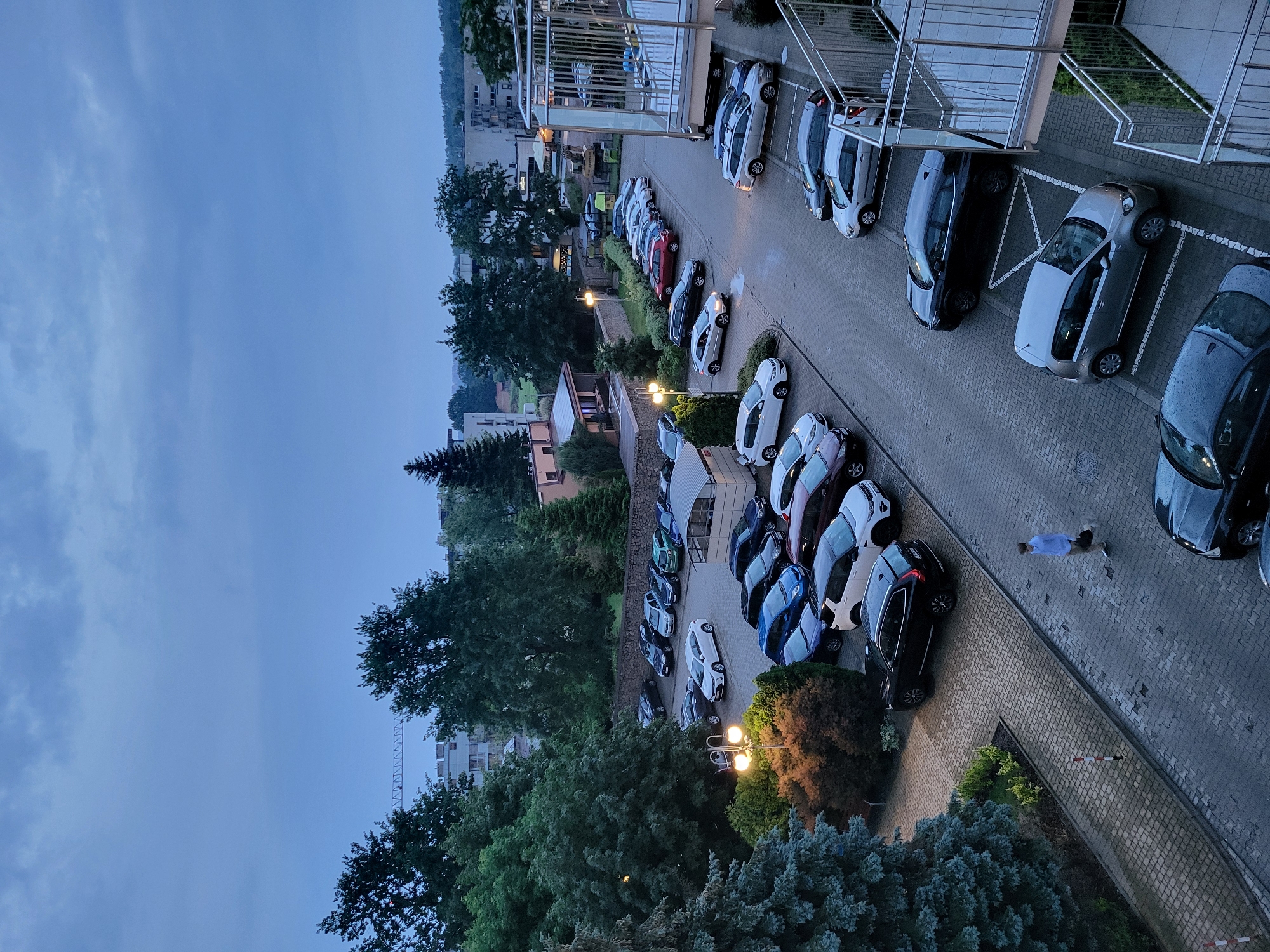 The image, oriented vertically, depicts an outdoor scene at dusk or early evening, possibly after rain, viewed from an elevated perspective. The sky, a hazy blue-grey with faint clouds, dominates the upper portion.
A wide parking area, paved with dark grey interlocking pavers, stretches across the middle and lower sections of the image. Numerous cars of various models and colors, including white, black, grey, red, and blue, are parked in parallel and perpendicular arrangements. Many vehicle surfaces appear wet, suggesting recent rainfall. Warm yellow light emanates from several streetlights, illuminating sections of the parking lot and cars.
On the right side, parts of modern residential buildings with balconies and metal railings are visible. To the left of the parking area, a lush green landscape with numerous trees and bushes slopes downwards, with more distant buildings partially visible through the foliage.
One person, dressed in a light blue top and dark trousers, is visible on the paved path alongside the parked cars in the lower right, appearing to walk away from the viewer. No specific activity beyond parking and walking is occurring. The scene conveys a quiet, residential atmosphere. No discernible text is visible within the image.