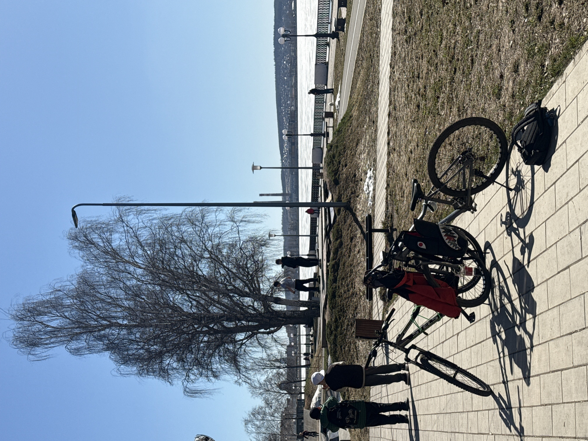 The image shows a waterfront area in Votkinsk, Russia, on a clear day. Several people are walking along a paved path beside a body of water, possibly a river or a lake. There are bare trees along the path, and lampposts are evenly spaced. Two bicycles are parked on the paved area near the camera. One has a red cloth draped over the seat. One also has a backpack resting against its back wheel. The waterfront has a decorative iron fence with benches. In the background, across the water, is a view of the town.