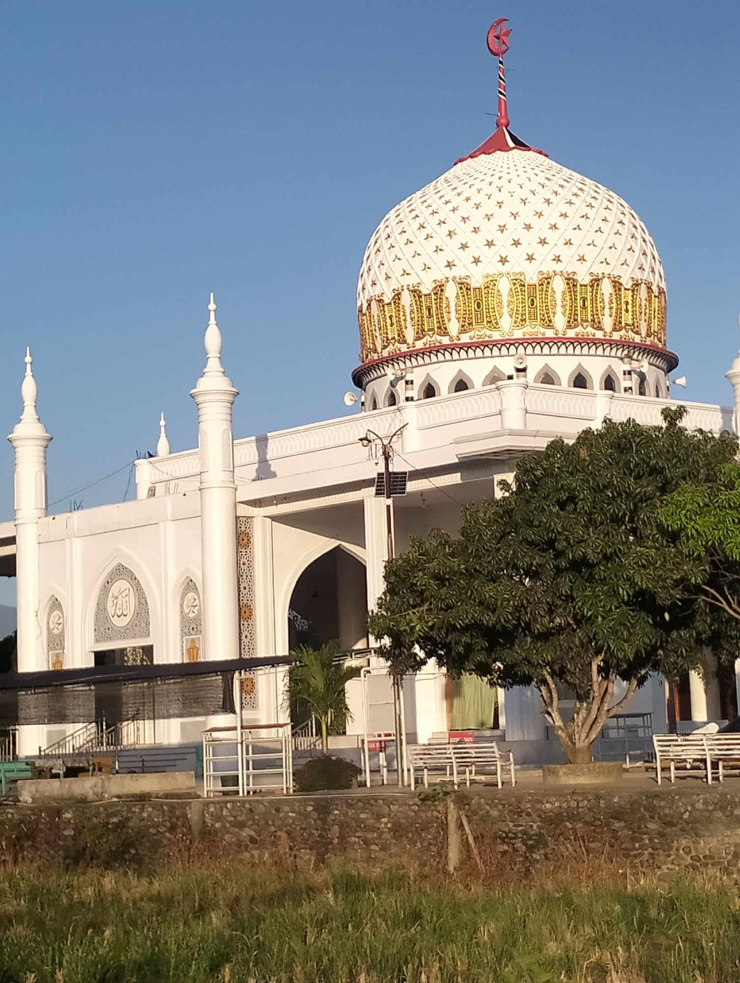 The image depicts a mosque in Blangmetimu, Indonesia, under a clear blue sky. The mosque is predominantly white with intricate gold detailing on its dome, which is topped with a crescent moon. Two tall minarets flank the entrance. In front of the mosque, there are white benches and a tree. The foreground shows tall grass and a stone embankment. No people are visible in the image.