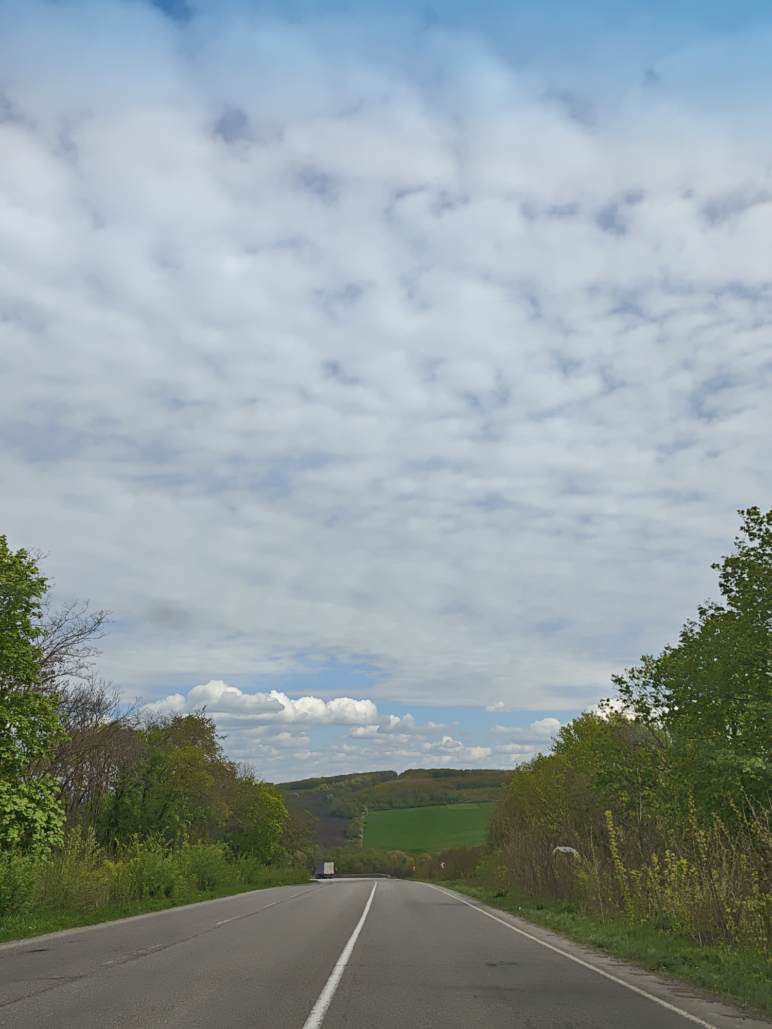 A vertical shot captures a rural road stretching into the distance under a partly cloudy sky in Strointsi, Ukraine. The asphalt road, with a distinct white solid line on its right edge and a fainter dashed center line, takes up the lower third of the image. On both sides, dense green trees and bushes line the road, showcasing vibrant spring or early summer foliage.
In the mid-ground, the road curves gently to the right, and a white semi-truck can be seen driving away. Beyond the roadside vegetation, the landscape unfolds into rolling hills covered in a mosaic of bright green fields and scattered woodlands, indicating a fertile, natural setting. Two red and white chevron road signs are subtly visible on the left side before the curve. A white object, possibly a piece of fabric or plastic, is caught in the bushes on the right side.
The sky, occupying the upper two-thirds of the frame, features a wide expanse of white, patchy clouds against a lighter blue backdrop, with more defined cumulus clouds appearing closer to the horizon above the distant hills. The overall impression is a bright, clear daytime scene, suggesting pleasant weather for travel through this verdant, open landscape.