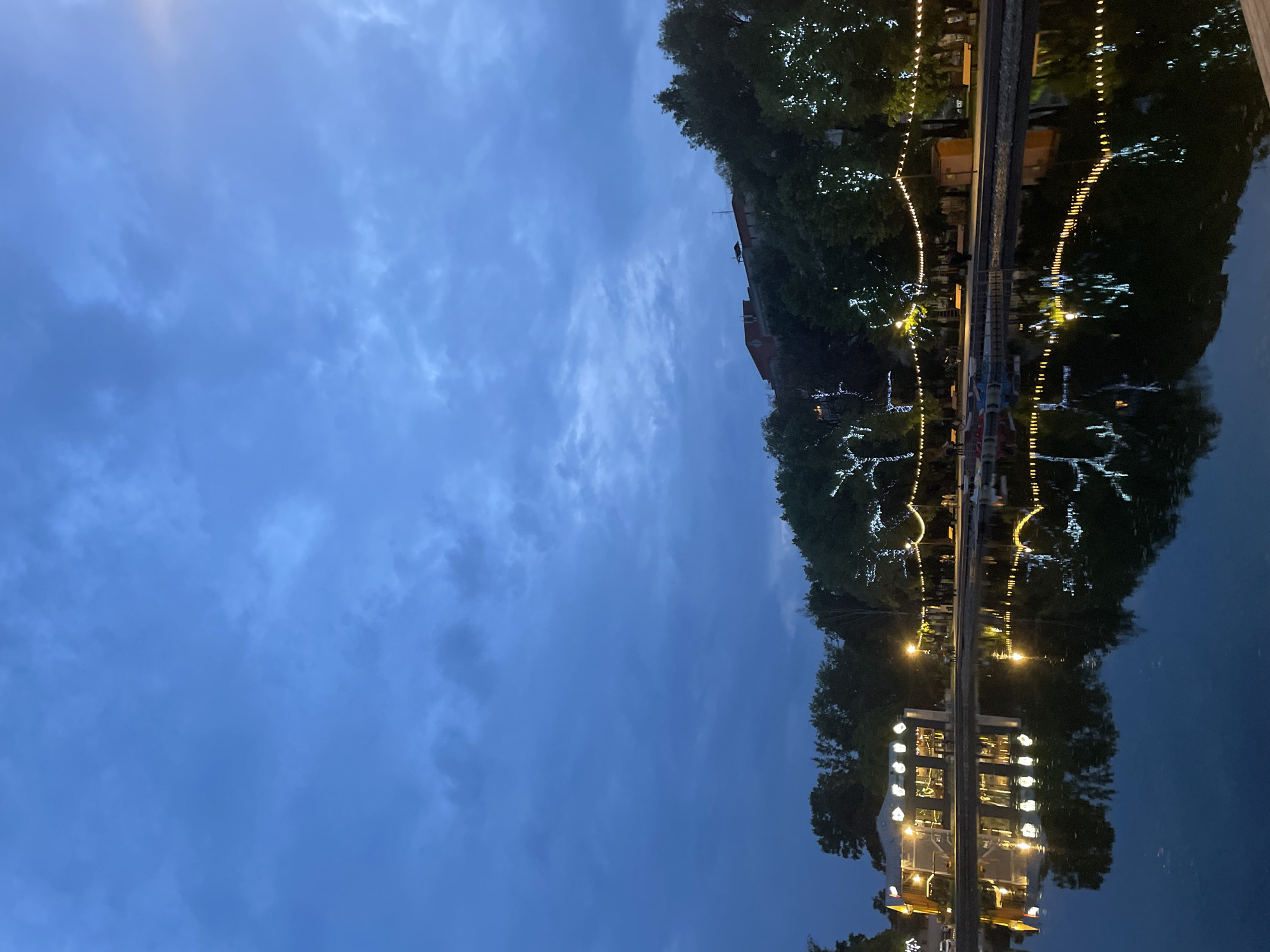 The image captures a twilight scene at a park in Vologda, Russia. A tranquil body of water occupies the foreground, its surface reflecting the lights and surrounding landscape. Along the far bank of the water, a pathway is lined with trees adorned with numerous decorative lights, some wrapped around the trunks and branches, others strung as garlands. Beyond the trees, a gentle incline rises, topped with buildings and more trees. To the left, a structure with large windows and illuminated interior suggests a cafe or restaurant. A few indistinct figures can be seen walking along the pathway. The sky above is a deep, dusky blue, streaked with scattered clouds. The overall atmosphere is serene and picturesque, characteristic of an evening in a city park.