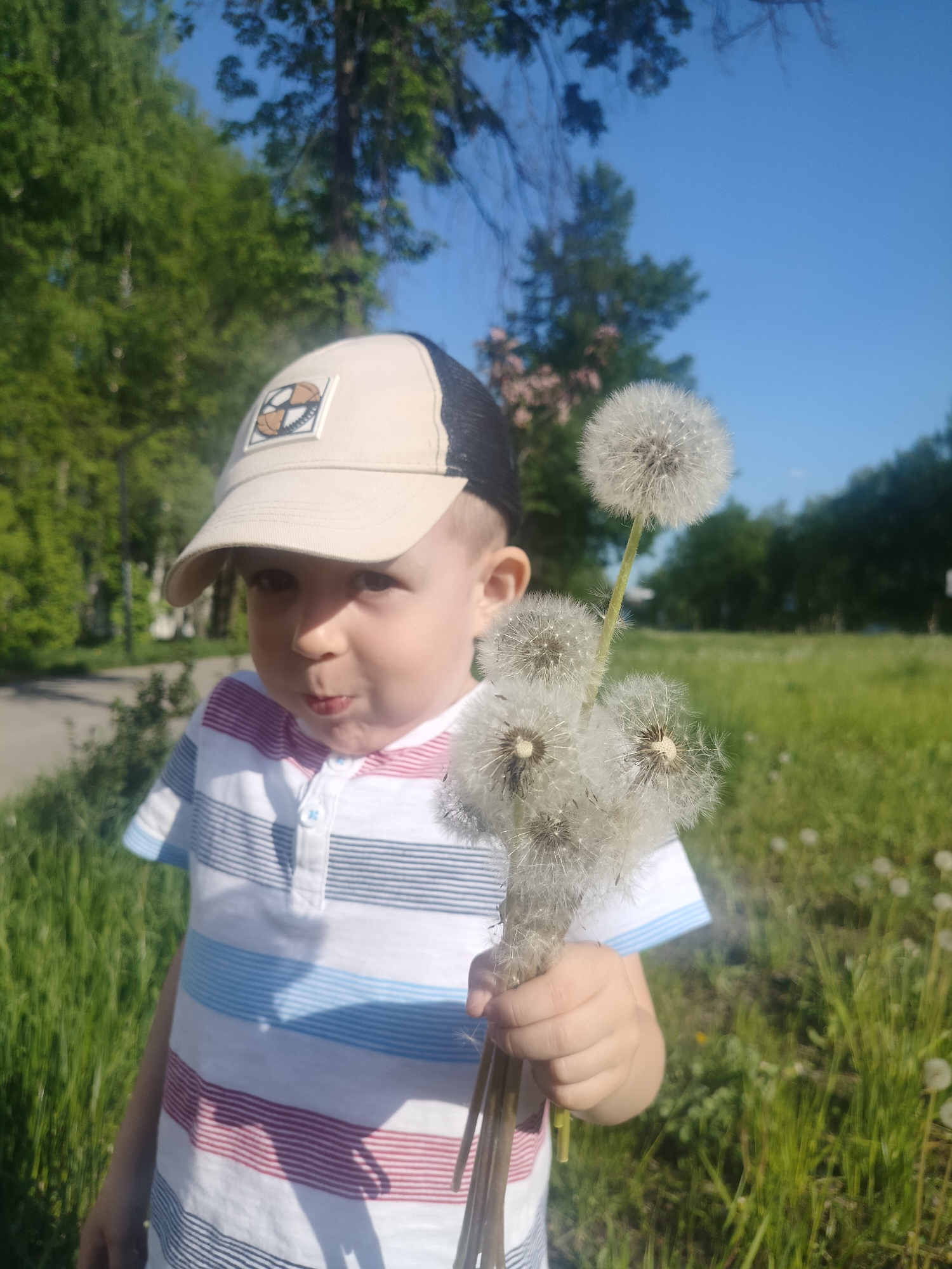 A young boy in a striped shirt and baseball cap stands in a grassy area, holding a bunch of dandelions. The location is likely a park or field in the city of Chaikovsky, Russia, as the prompt specifies. The sky is blue, and there are trees in the background. The boy is looking at the camera with slightly pursed lips.