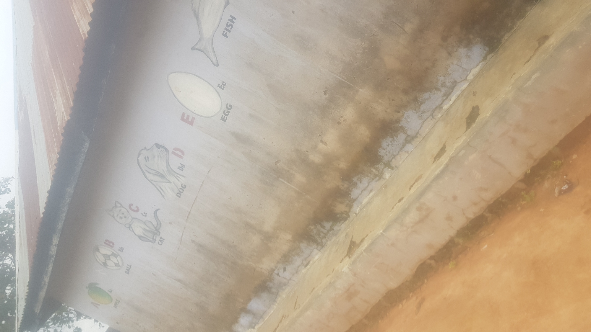 A mural featuring the alphabet and associated images is painted on a textured, light-colored wall, likely an exterior surface. The mural progresses from left to right with letters A through F. "A" is depicted with an apple and the word "APPLE." "B" is represented by a soccer ball with "BALL" written below it. "C" is illustrated with a cat, and the word "CAT" is visible. "D" shows a dog, followed by "DOG." "E" is an egg, with "EGG" labeled underneath. Finally, "F" is a fish, with "FISH" written nearby. The wall shows signs of age and weathering, with some darker staining and dirt accumulation, particularly in the lower sections. Above the wall, a corrugated metal roof is visible, angled downwards from left to right, with some areas appearing rusted. The overall environment appears to be outdoors, possibly in a rural or less developed urban setting. The image is blurry and suffers from low light conditions, making some details difficult to discern clearly. The location is identified as Wukari, Nigeria.