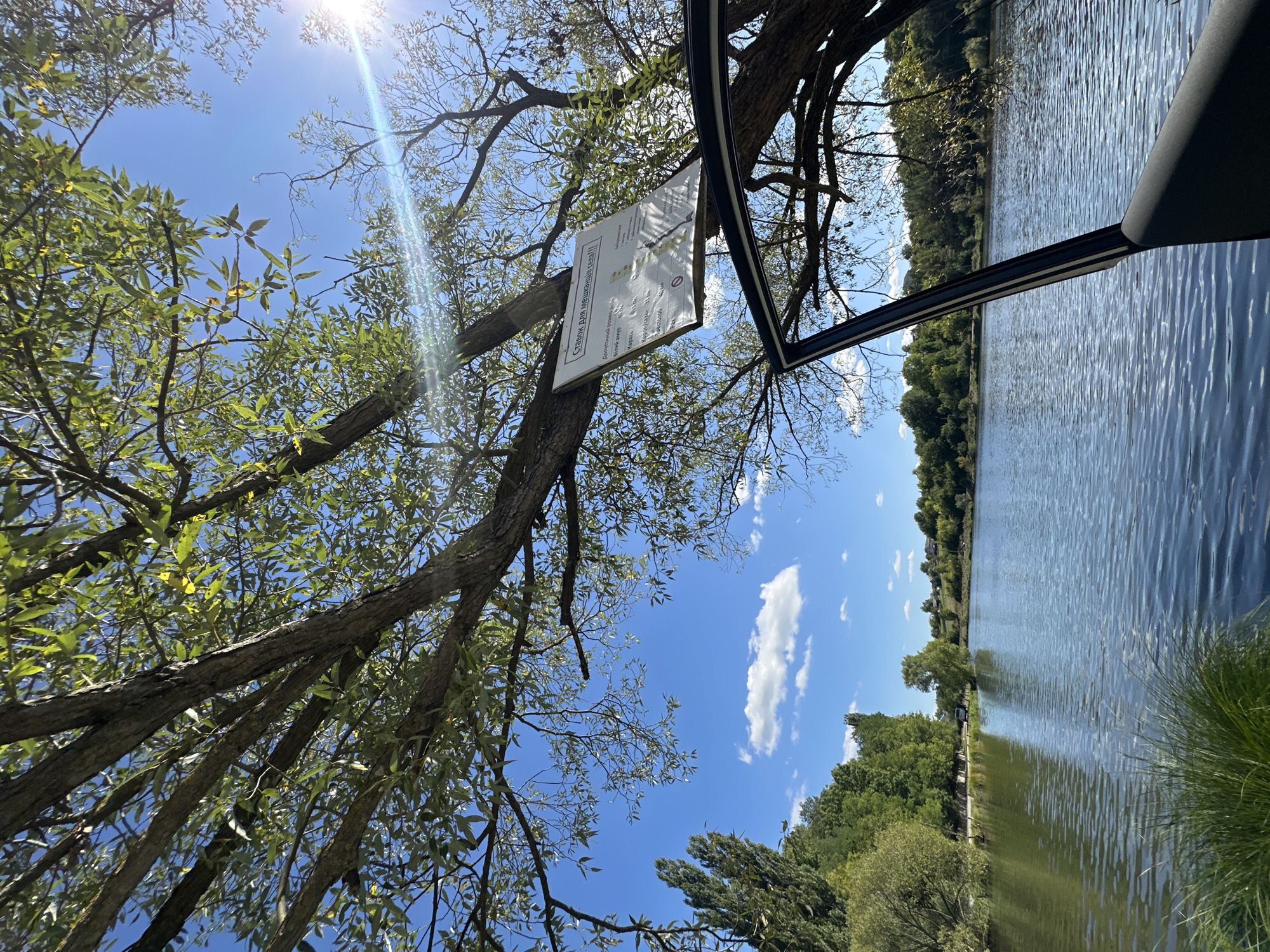 The image shows a body of water, likely a lake or river, with trees on the left bank and the sun shining brightly in the blue sky on the right. A car door is open in the foreground, angled towards the water. A sign is attached to a tree branch, partially obscured by leaves. The sign appears to be in Ukrainian and has text and diagrams. The overall scene suggests an outdoor recreational area. This is the bank of the reservoir in Makiv, Ukraine, a popular fishing spot.