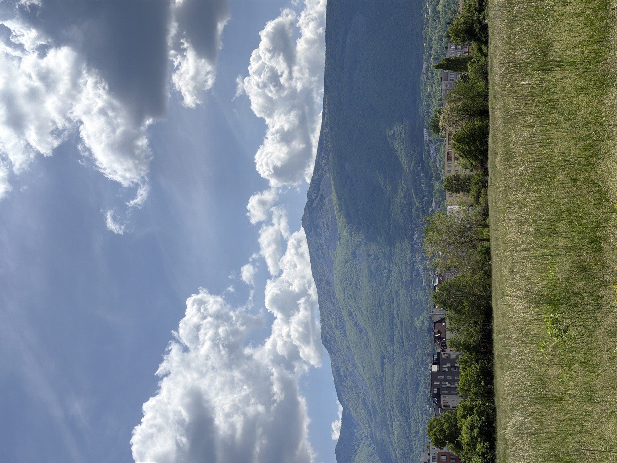 The image shows a view in Sofia, Bulgaria, featuring a mountain range with a town nestled along its base. A field of tall grass occupies the foreground. The sky is filled with puffy white clouds against a blue backdrop. The mountain is covered in green vegetation. Buildings are visible in the town along the mountain's base. The sky appears to be partially overcast.
